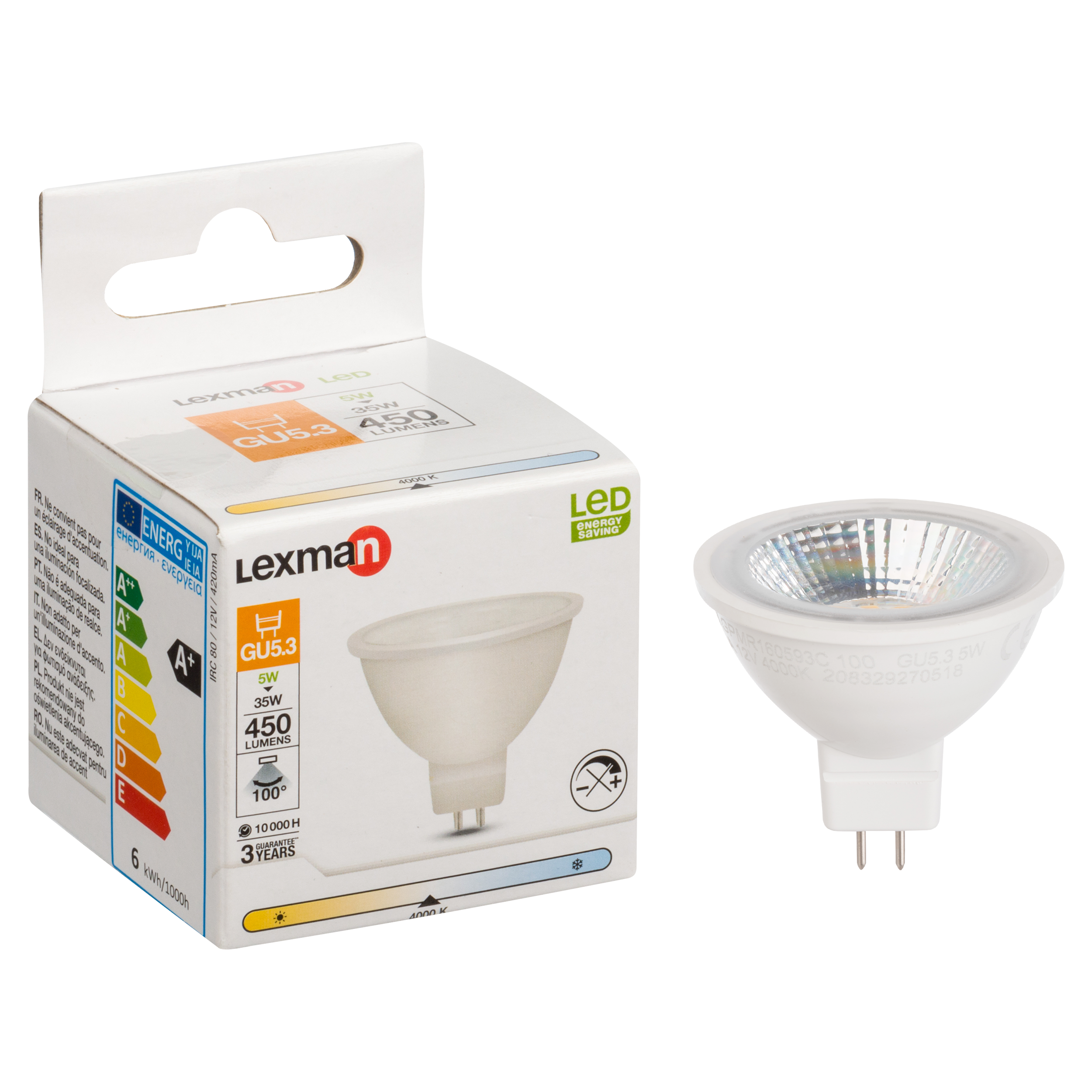 Lampadina LED, GU5.3 faretto, trasparente, luce naturale, 5W= 450 LM classe energetica A, LEXMAN - 7