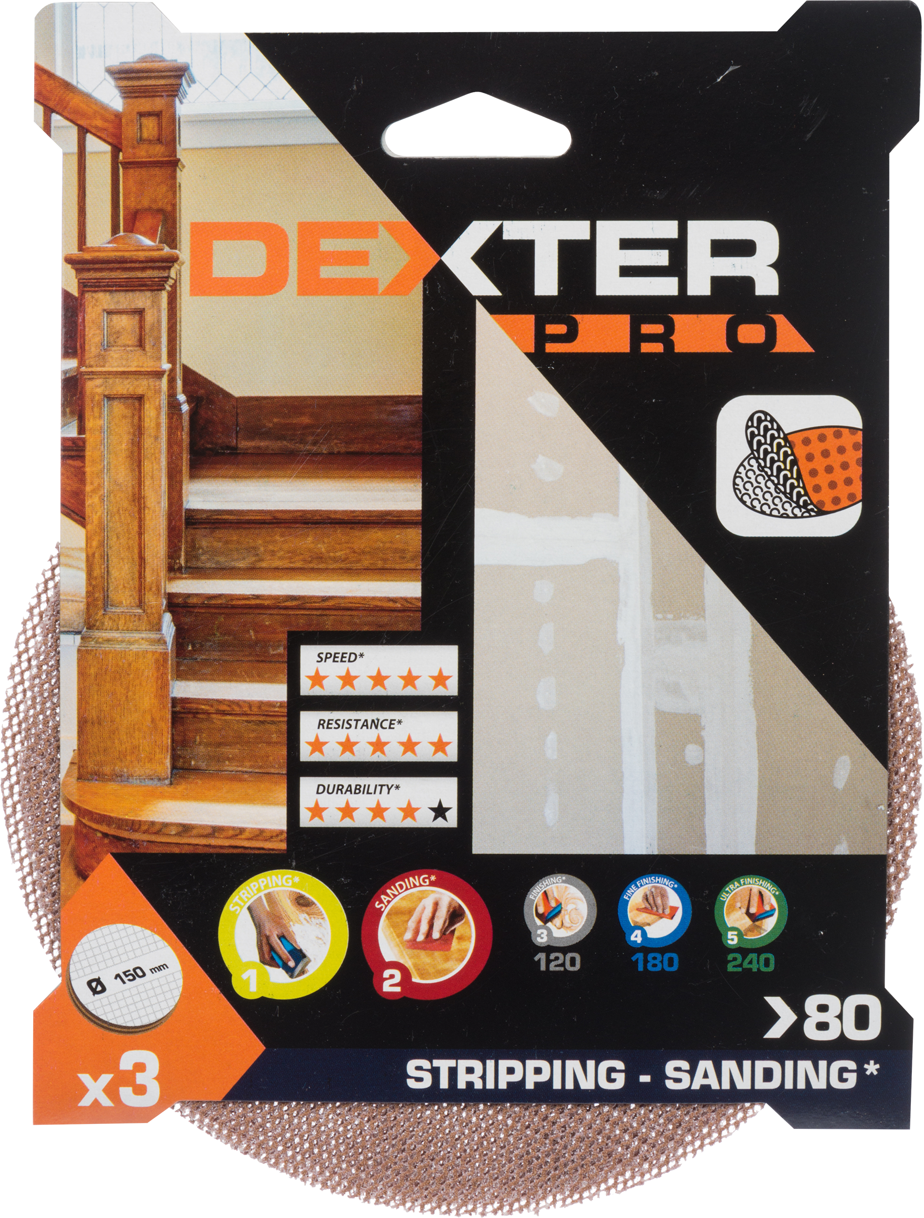 3 Disco abrasivo DEXTER PRO para lijadora ø 150 mm, grano 80 - 8