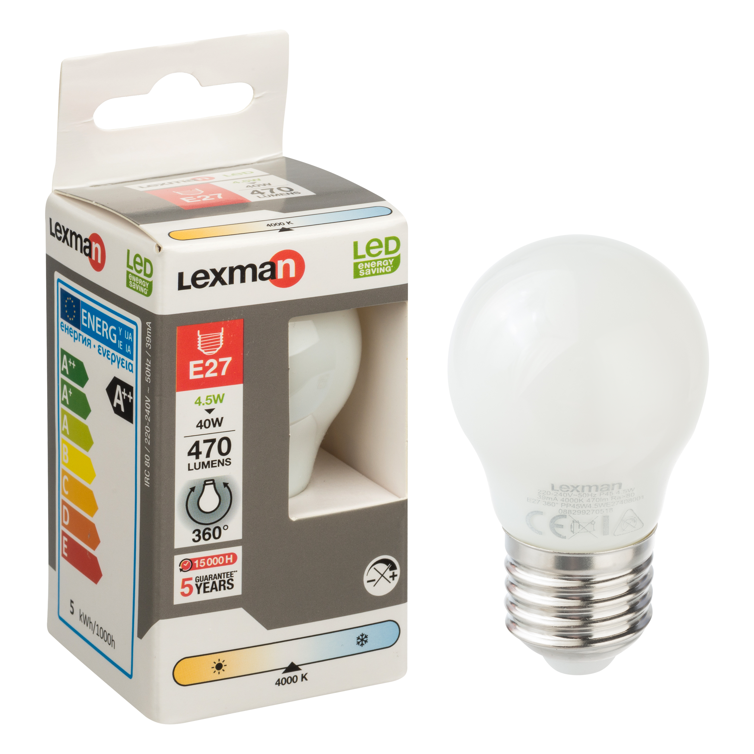 Lampadina LED, E27 sferico, opaco, luce naturale, 4.5W= 470 LM 360°, LEXMAN - 2