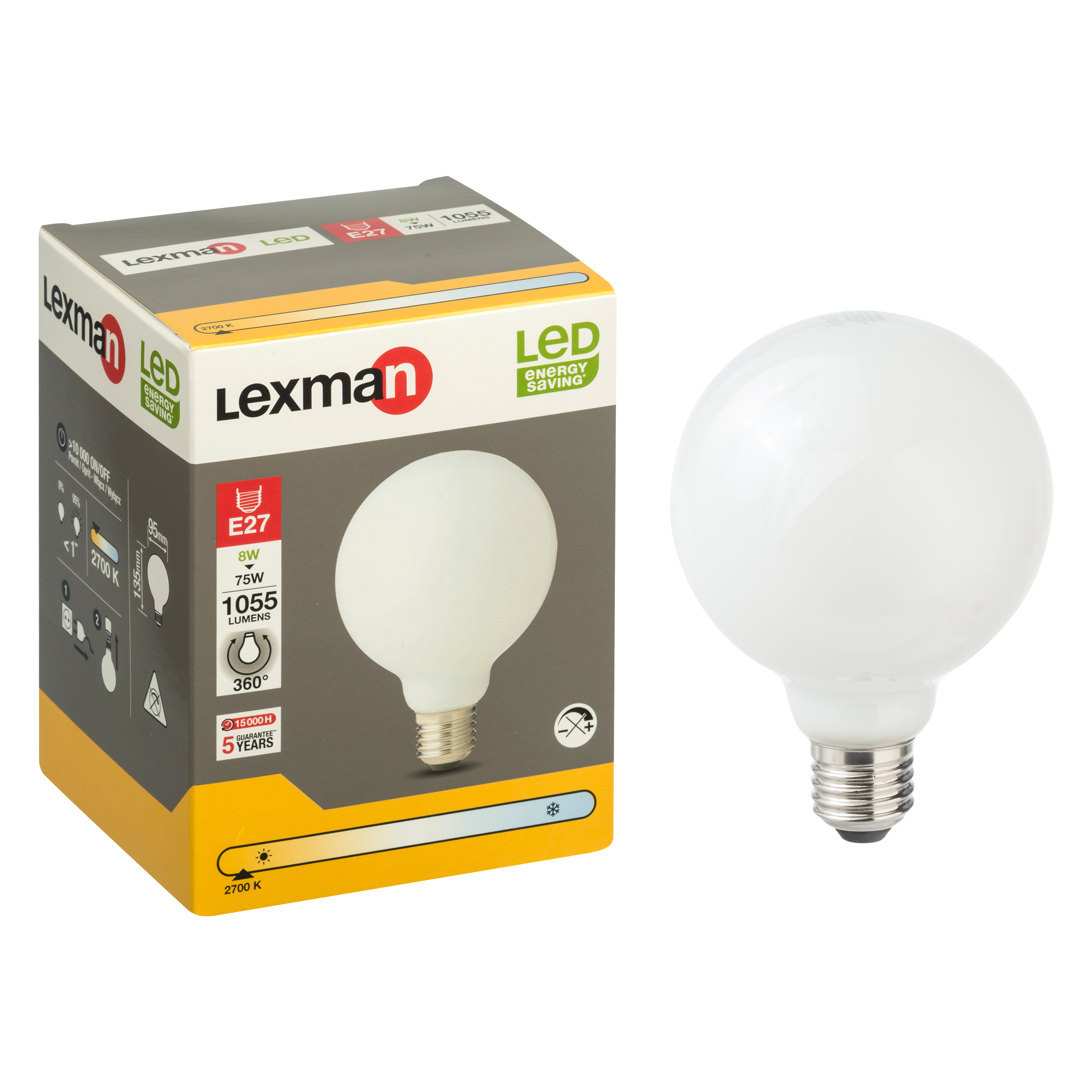 Lampadina LED, E27 globo, opaco, luce calda, 8W= 1055 LM (equiv 75 W), 360°, LEXMAN - 2