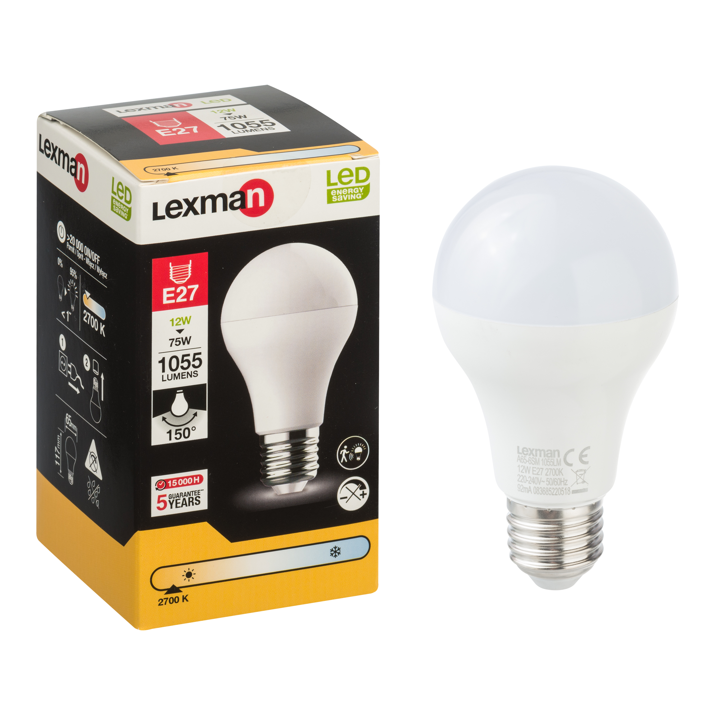 Lampadina LED, E27 goccia, smerigliato, 12W = 1055 LM (equiv 75 W), 150°, LEXMAN - 2