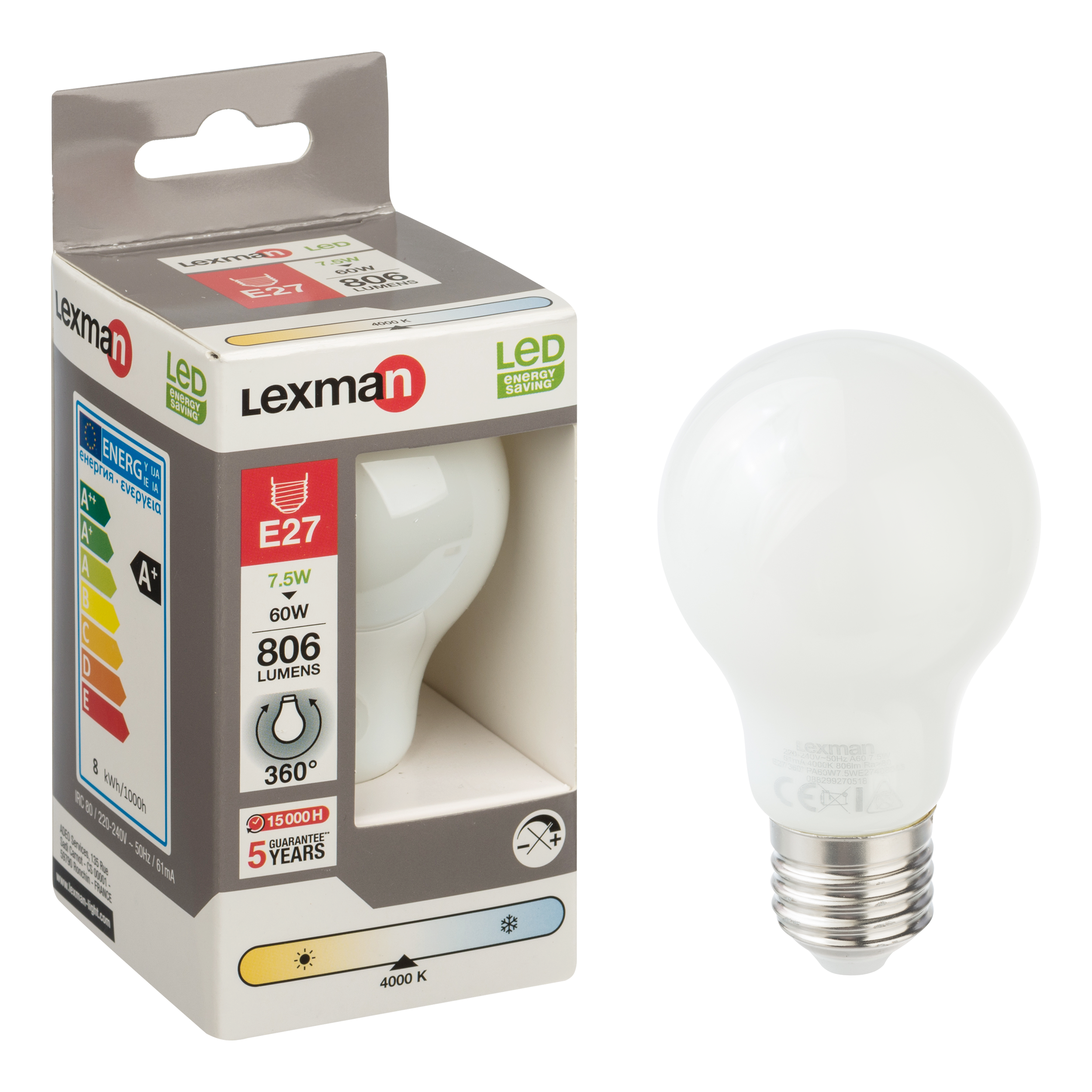 Lampadina LED, E27 goccia, opaco, luce naturale, 7.5W= 806 LM 360°, LEXMAN - 6
