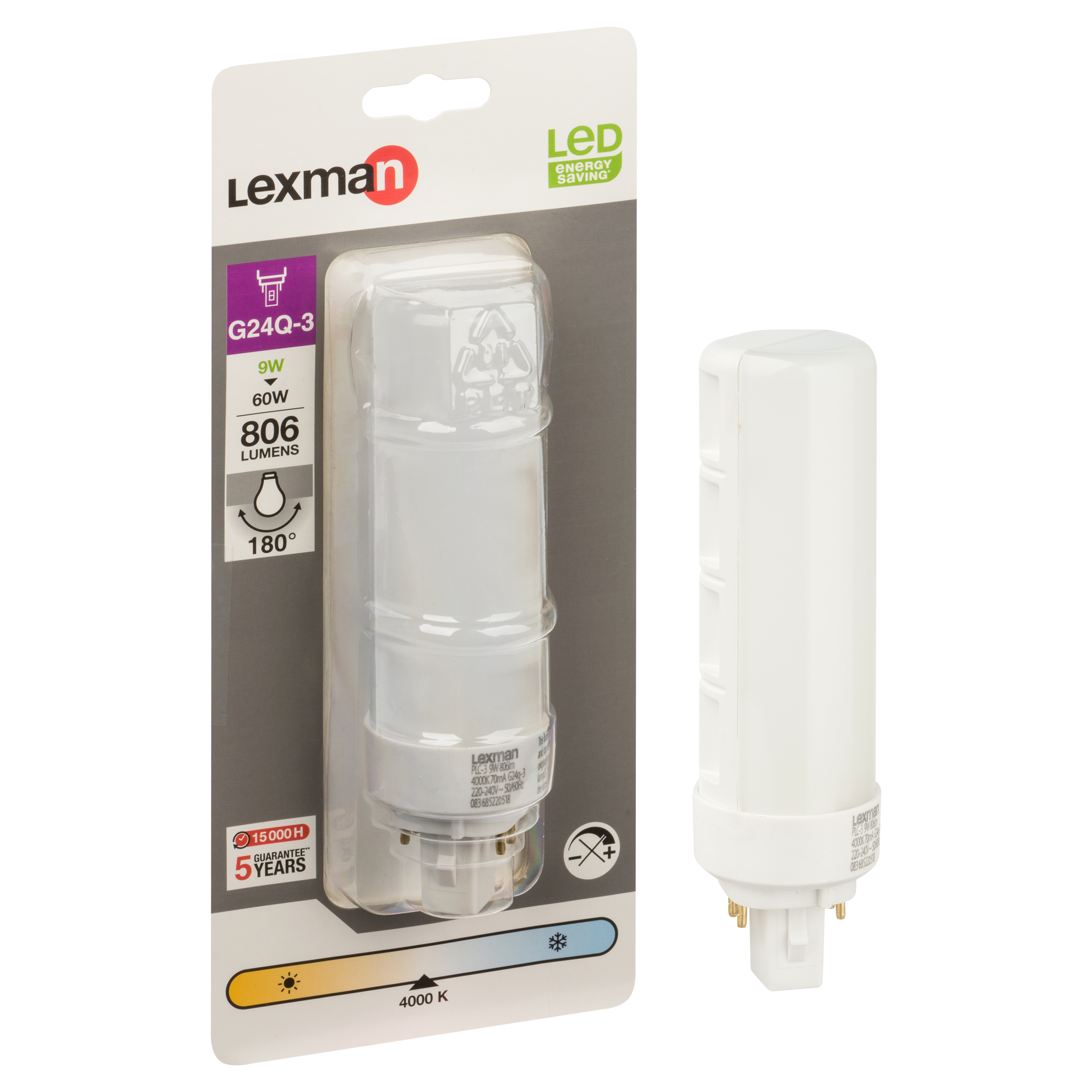 Lampadina LED, G24Q3 tubo, smerigliato, luce naturale, 9W= 806 LM (equiv 60 W), 180°, LEXMAN - 2