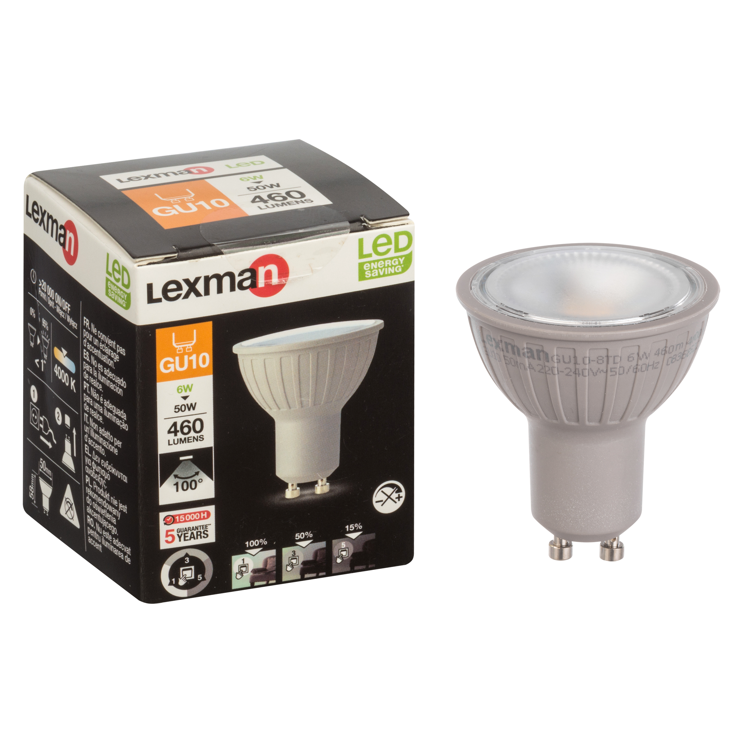 Lampadina LED, GU10 faretto, opaco, luce naturale, 6W= 460 LM (equiv 50 W), 50° dimmerabile, LEXMAN - 2