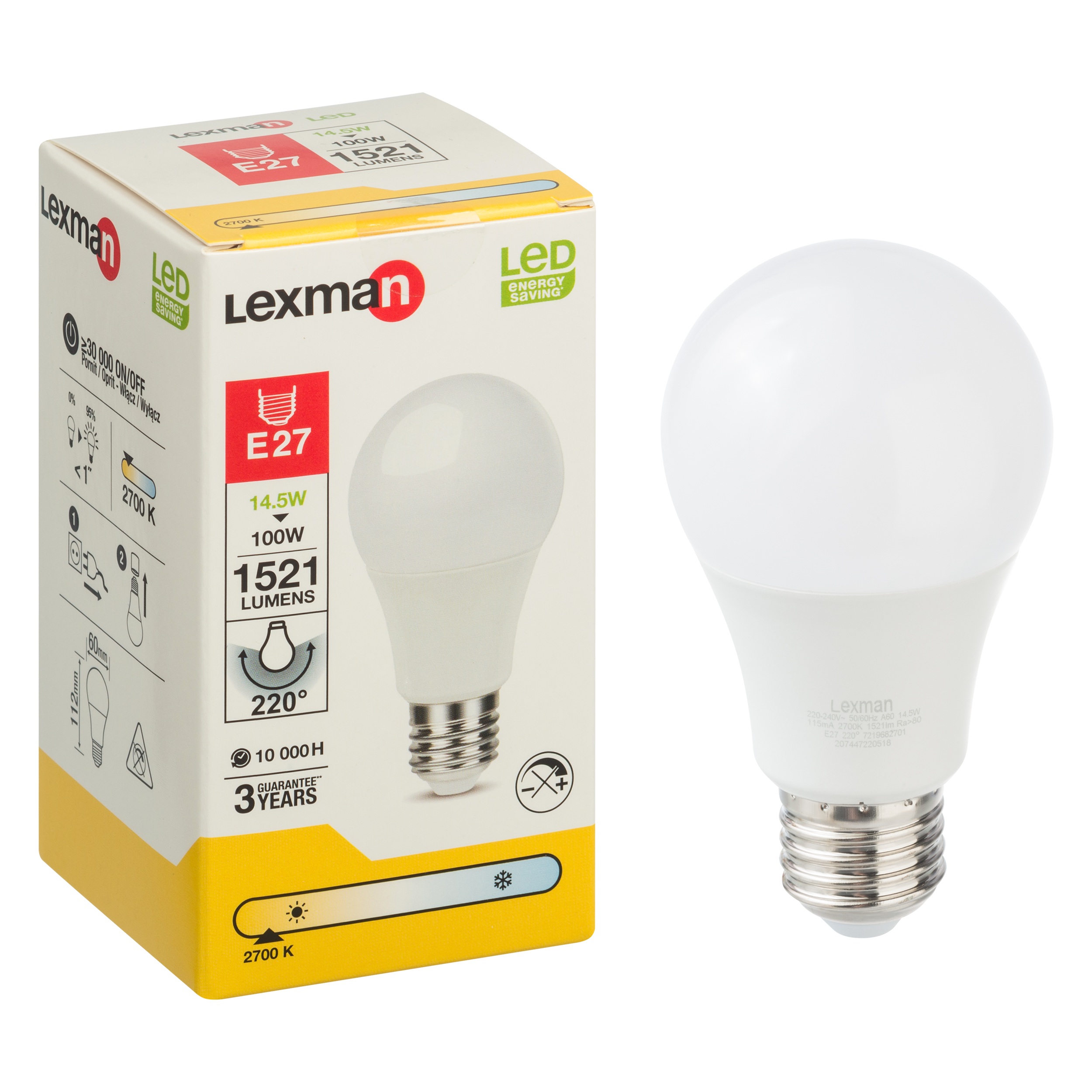 Lampadina LED, E27 goccia, smerigliato, luce calda, 14.5W= 1521 LM (equiv 100 W), 220°, LEXMAN - 2