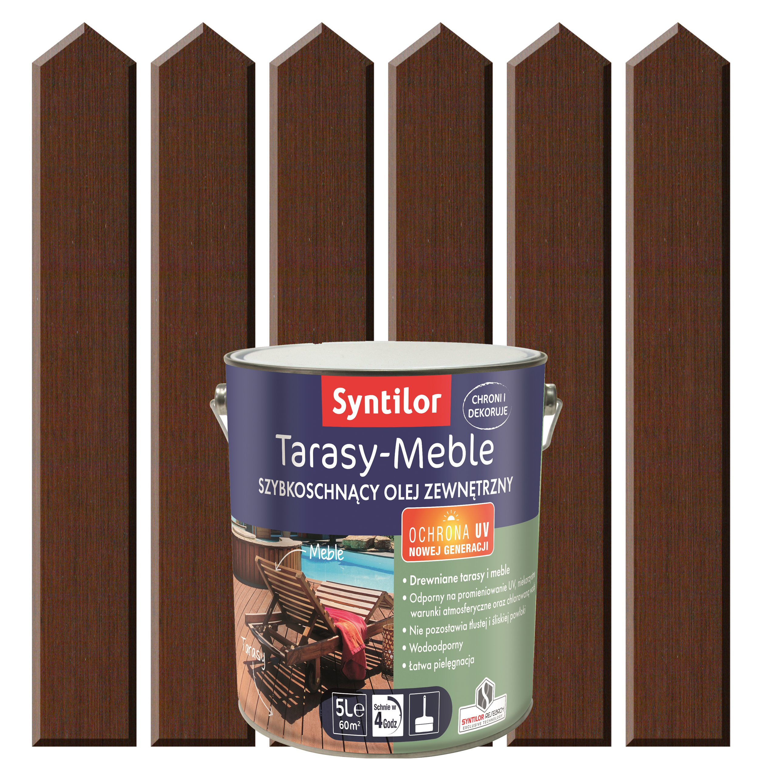 Olej zewnętrzny TARASY-MEBLE szybkoschnący 5 l Brąz ciemny SYNTILOR