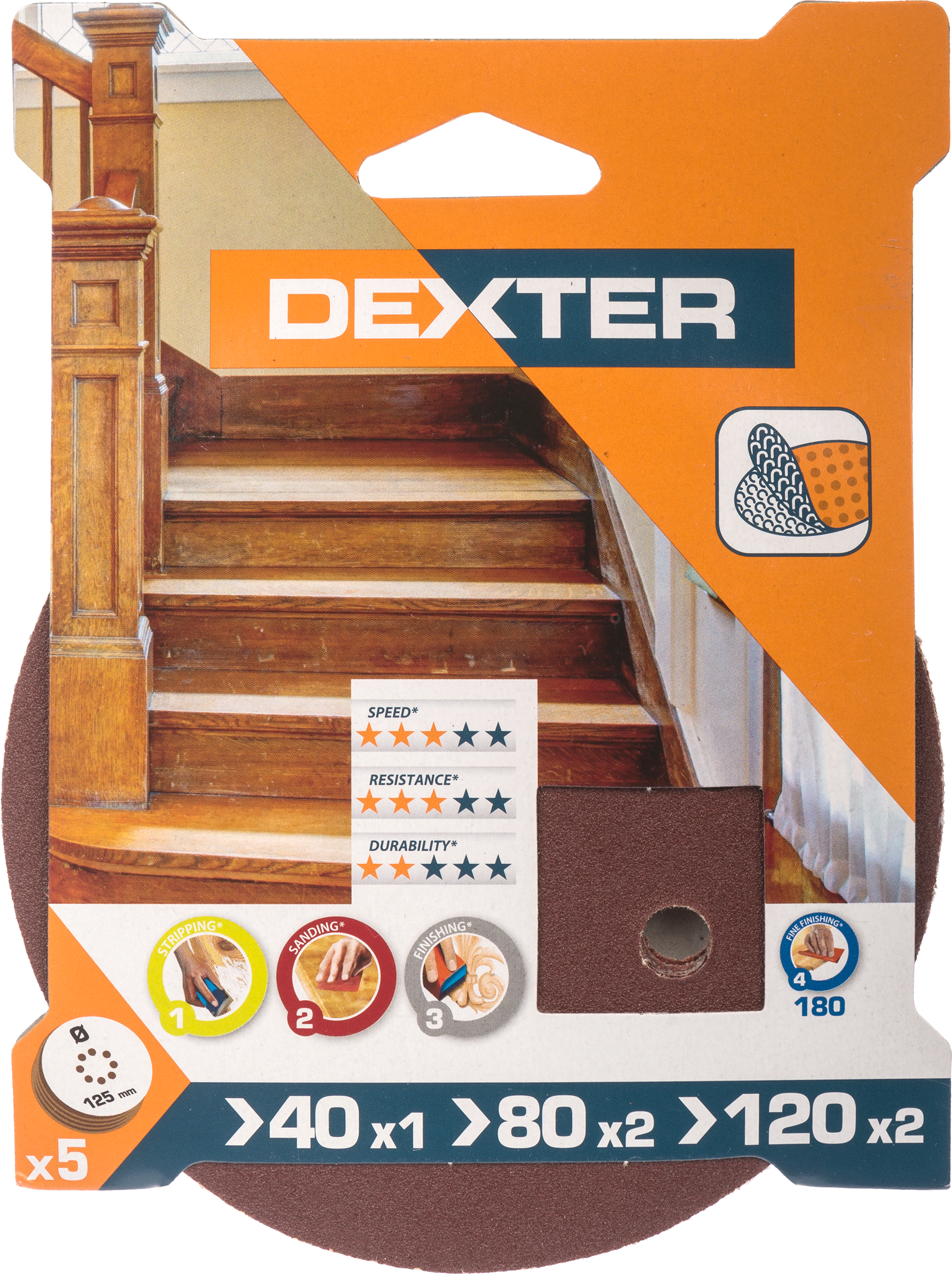 Krążek ścierny NA RZEP 8 OTW P40/80/120 125 mm DEXTER - 3