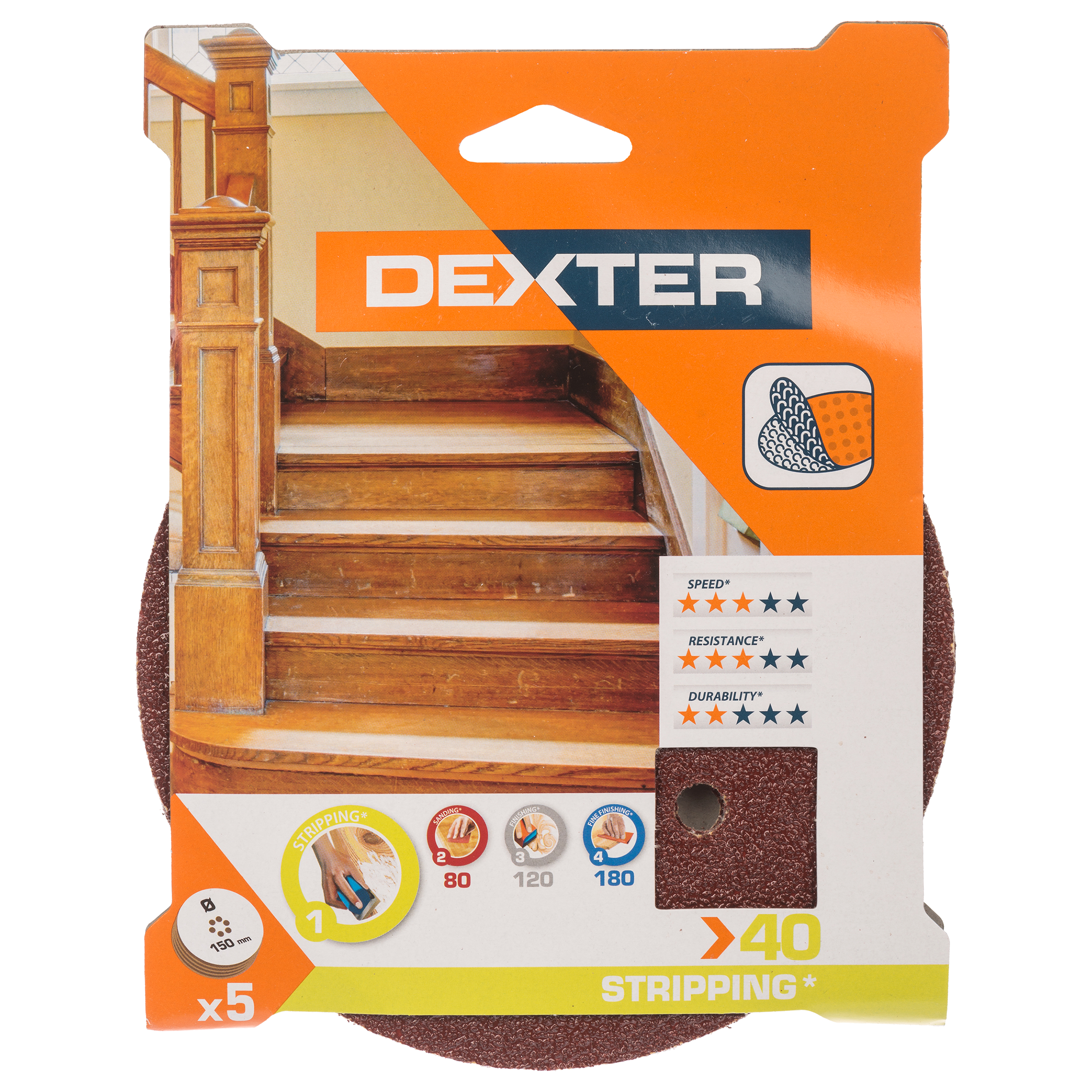 5 Disco abrasivo DEXTER para lijadora ø 150 mm, grano 40 - 12