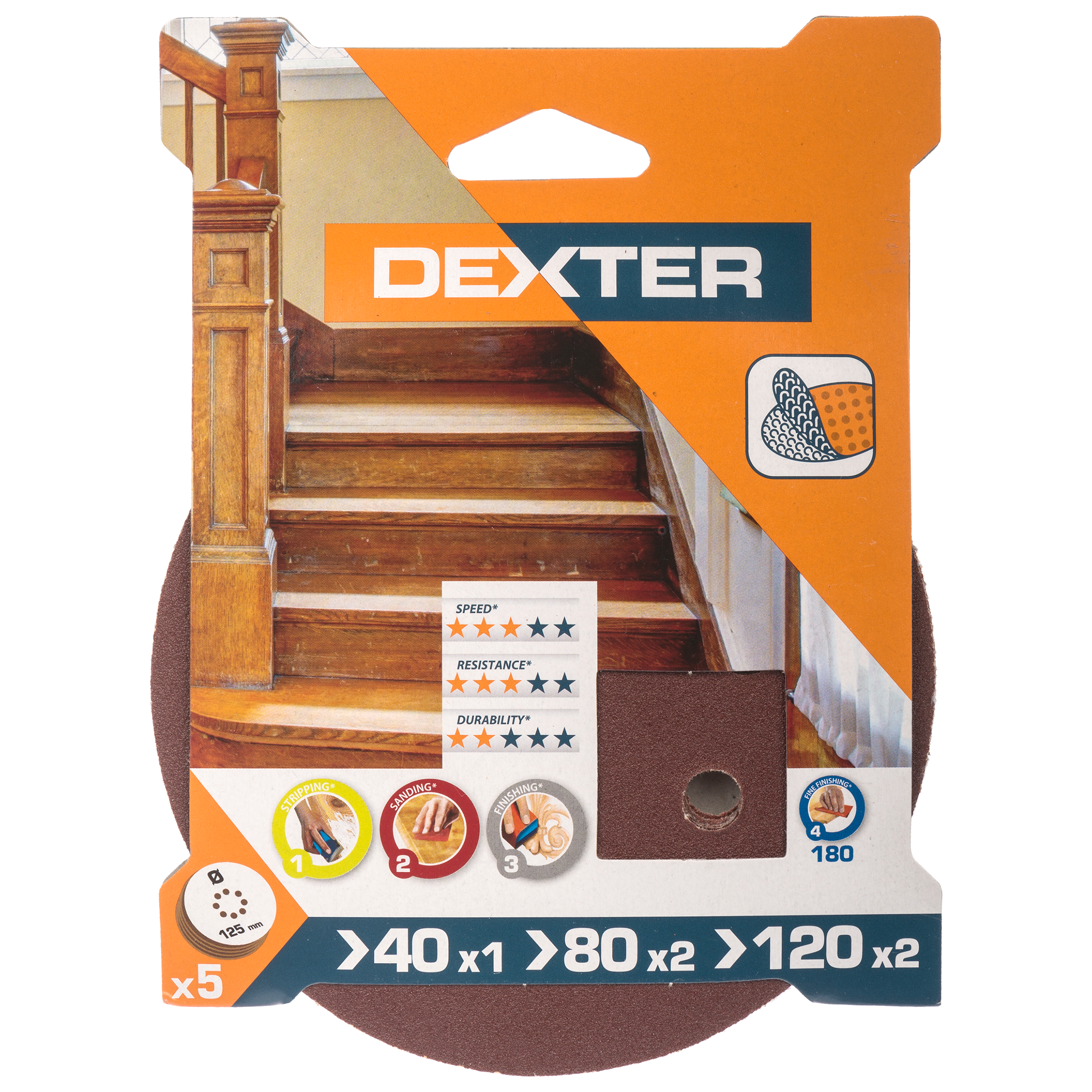 Krążek ścierny NA RZEP 8 OTW P40/80/120 125 mm DEXTER - 2