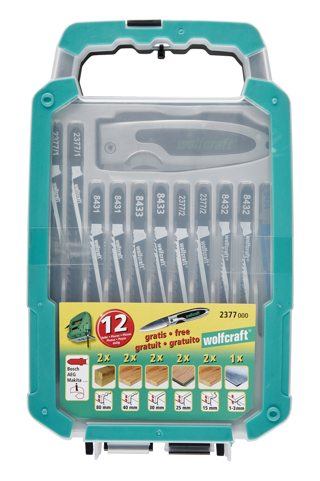 10 Hoja de sierra calar ,vástago en T, madera de 30 mm + navaja WOLFCRAFT