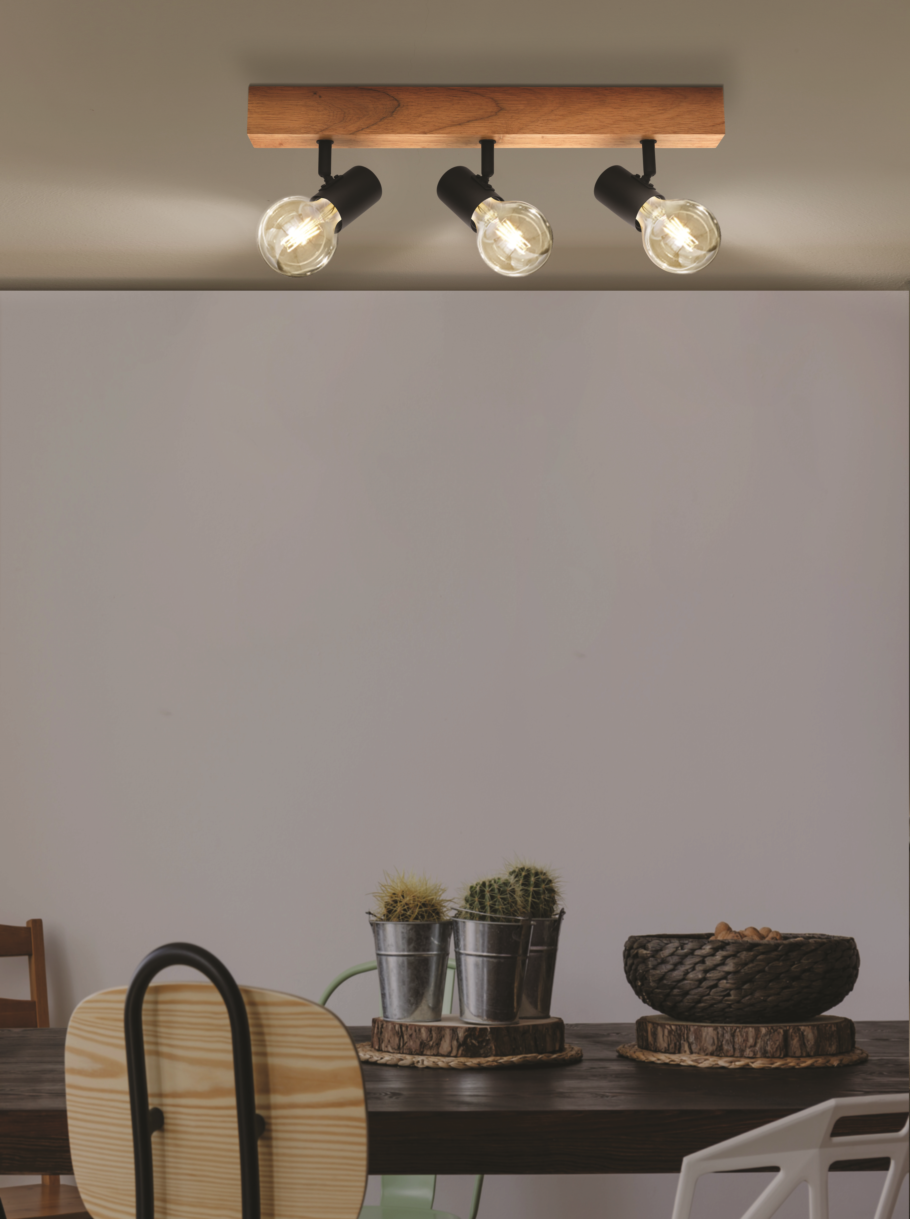 Faretto decorativo senza fonte luminosa TOWNSHEND in acciaio<multisep/>legno beige E27 EGLO 3 luci - 2