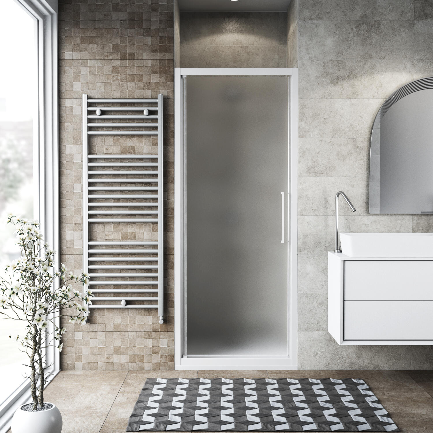 Porta doccia saloon L 92-96 cm x H 195 cm per nicchia in vetro smerigliato SP. 6 mm, profilo opaco bianco, serie Record - 2