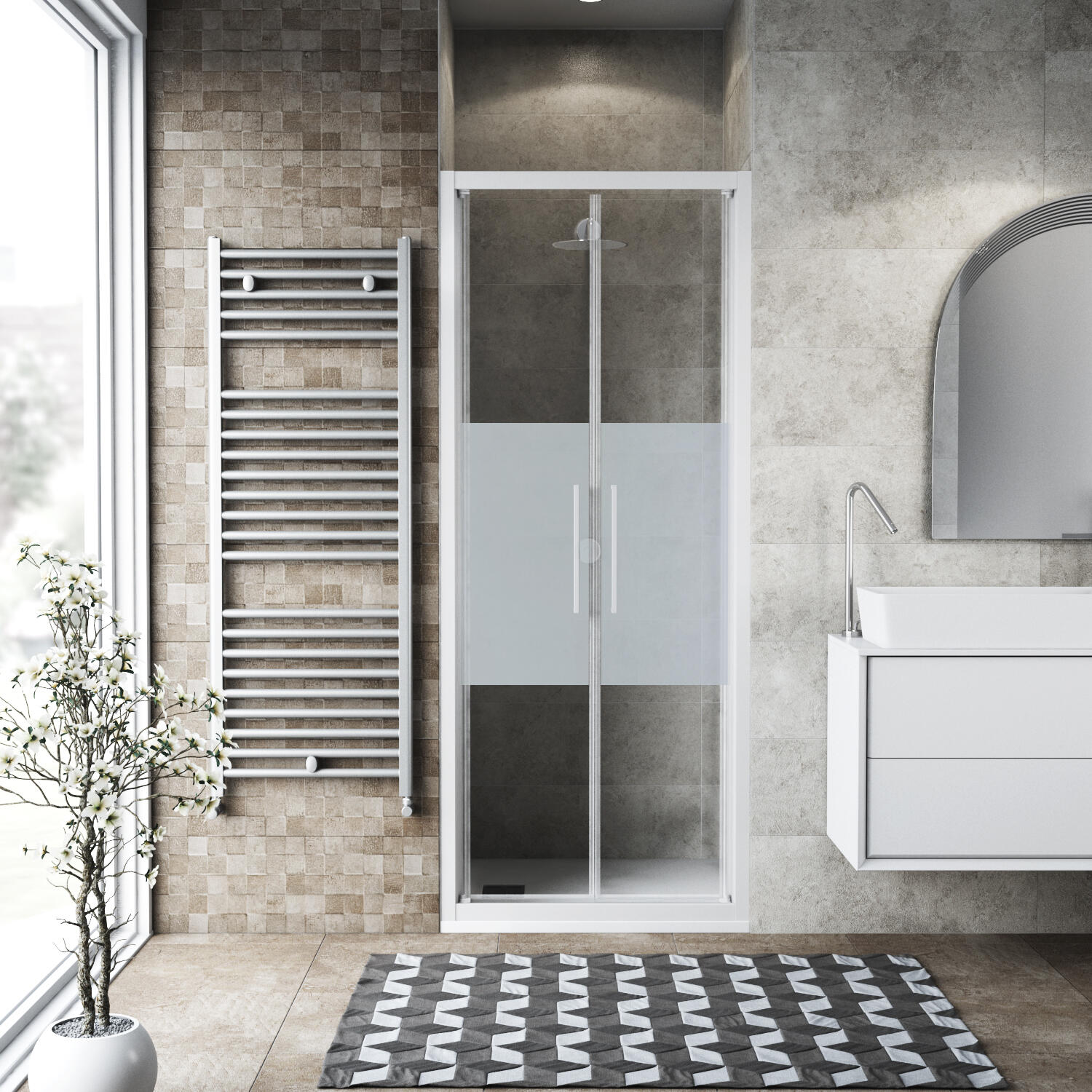 Porta doccia saloon L 97-101 cm x H 195 cm per nicchia in vetro smerigliato SP. 6 mm, profilo opaco bianco, serie Record - 2