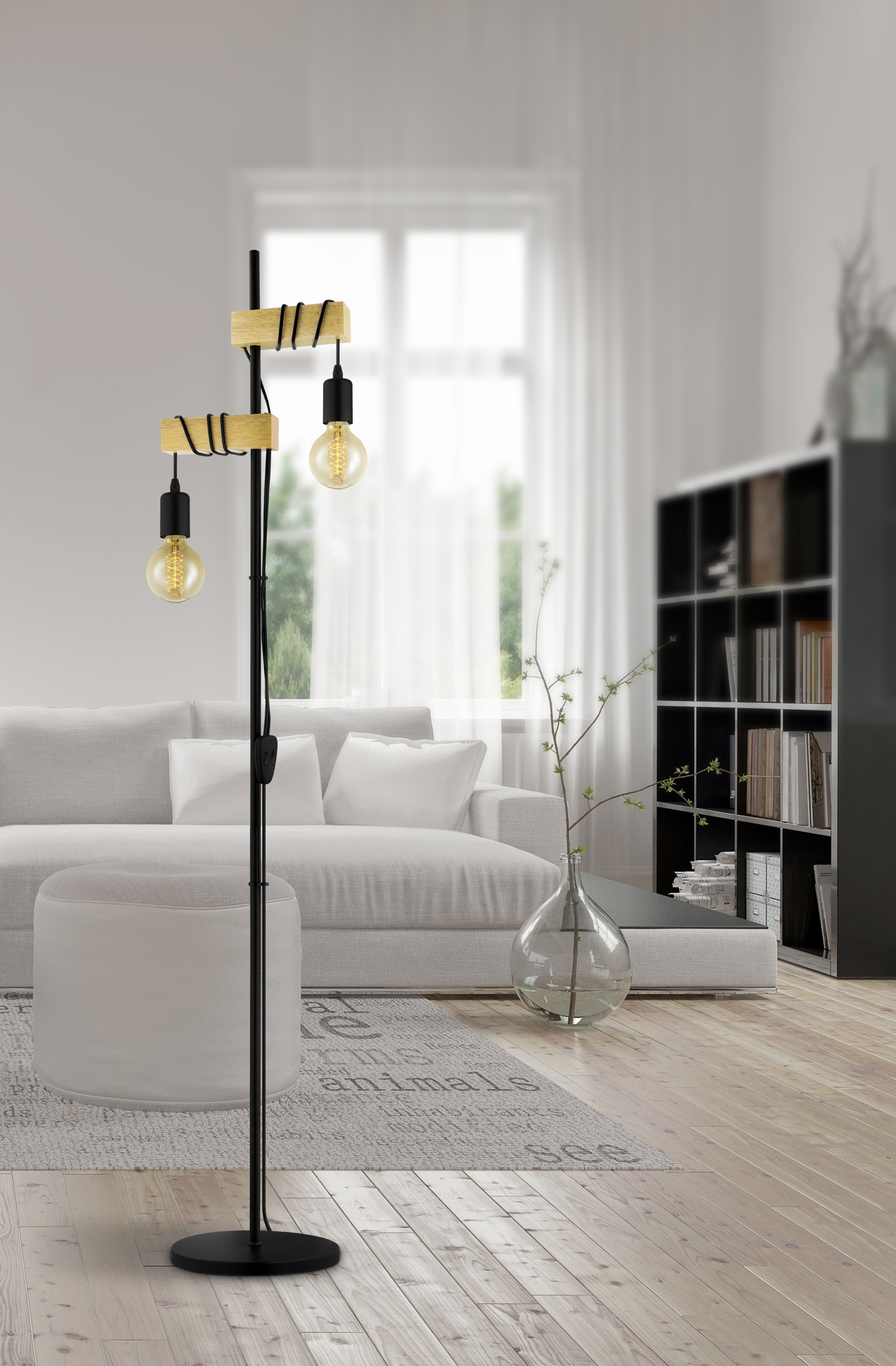 Lámpara de pie industrial Townshend 2 luces max.60w, madera y metal negro 166cm - 2