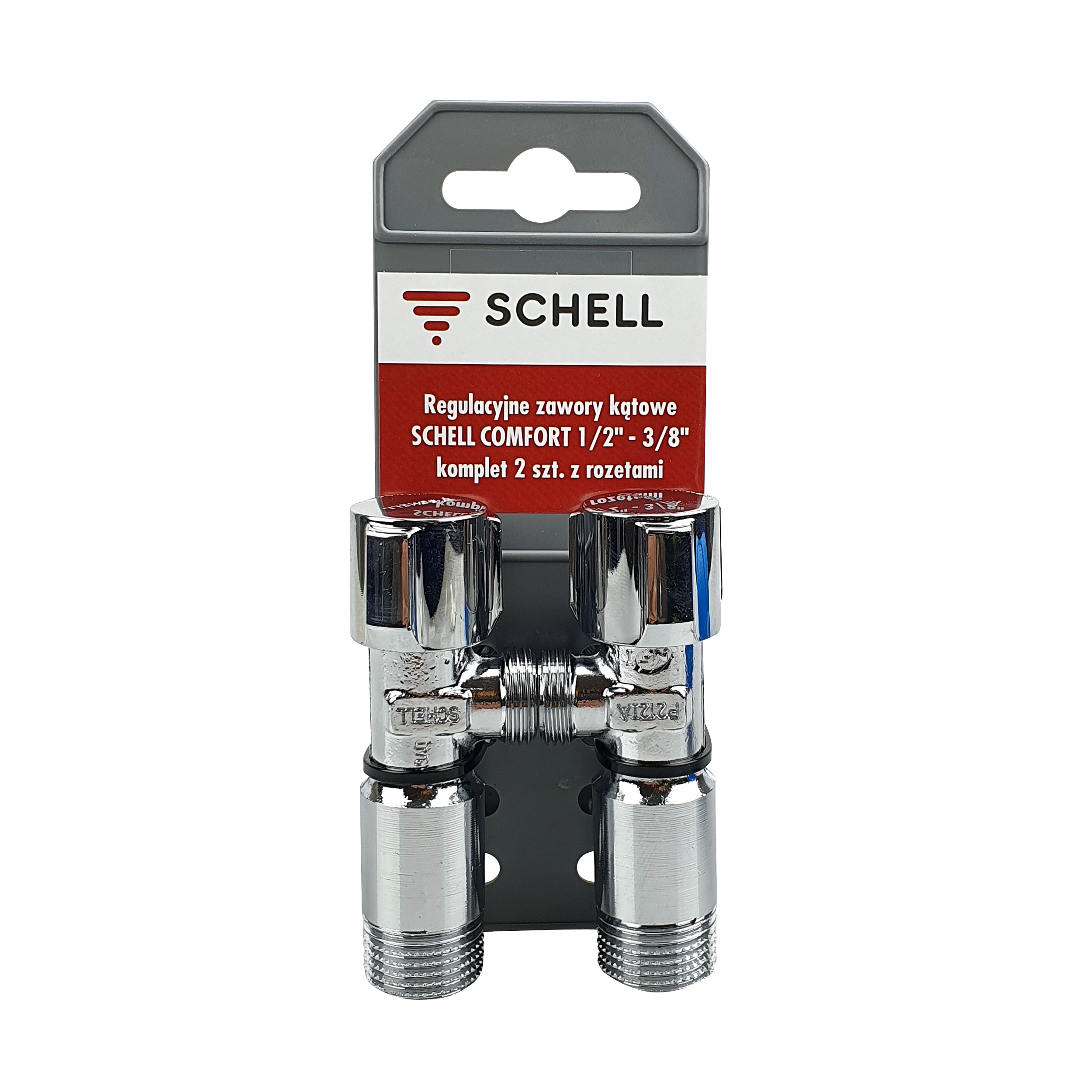 Zawory kątowe regulacyjne 1/2''- 3/8'' SCHELL COMFORT komplet 2 szt. z rozetami - 2