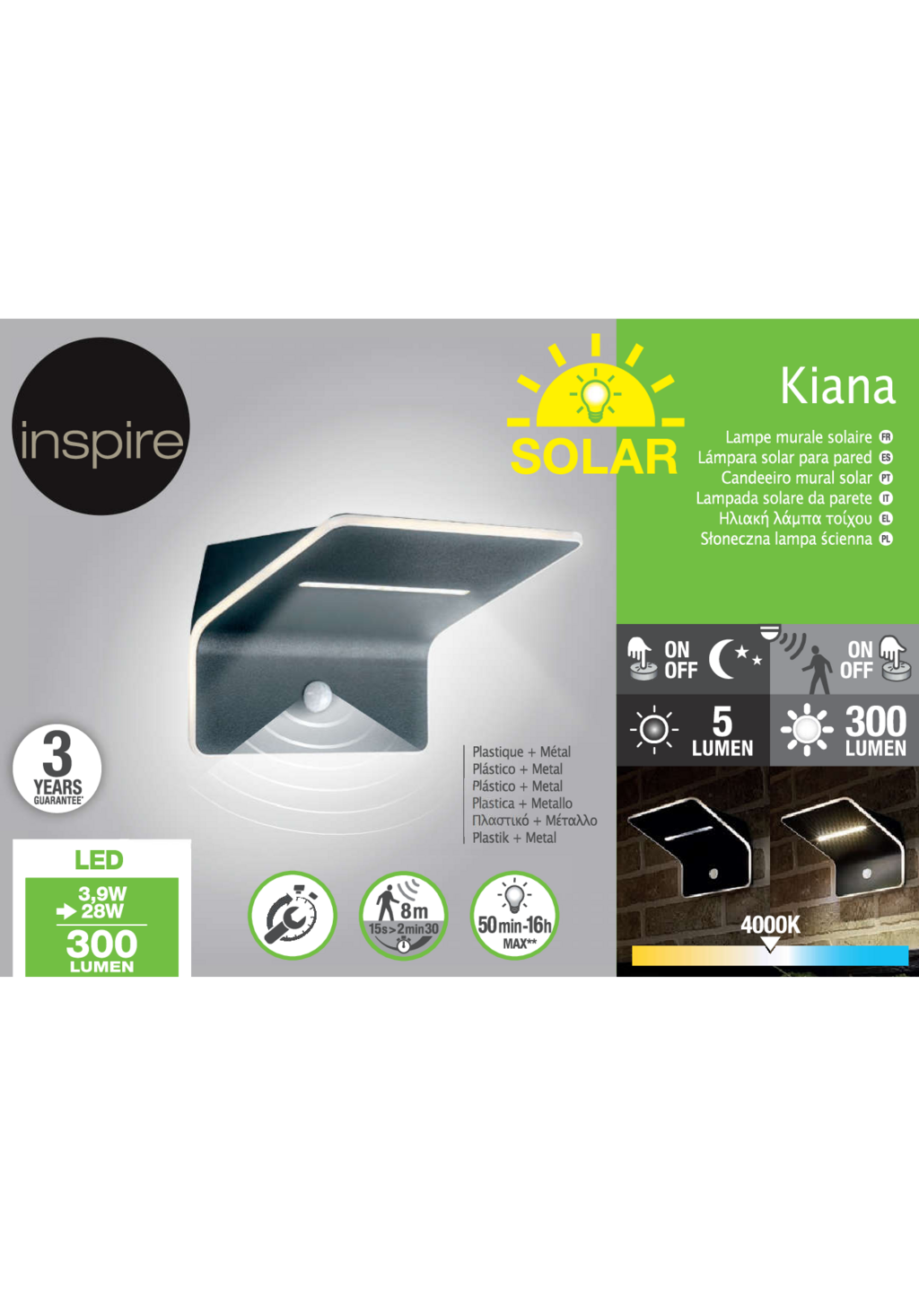 Candeeiro de parede exterior solar Kiana 300lm 4000K Inspire - 7