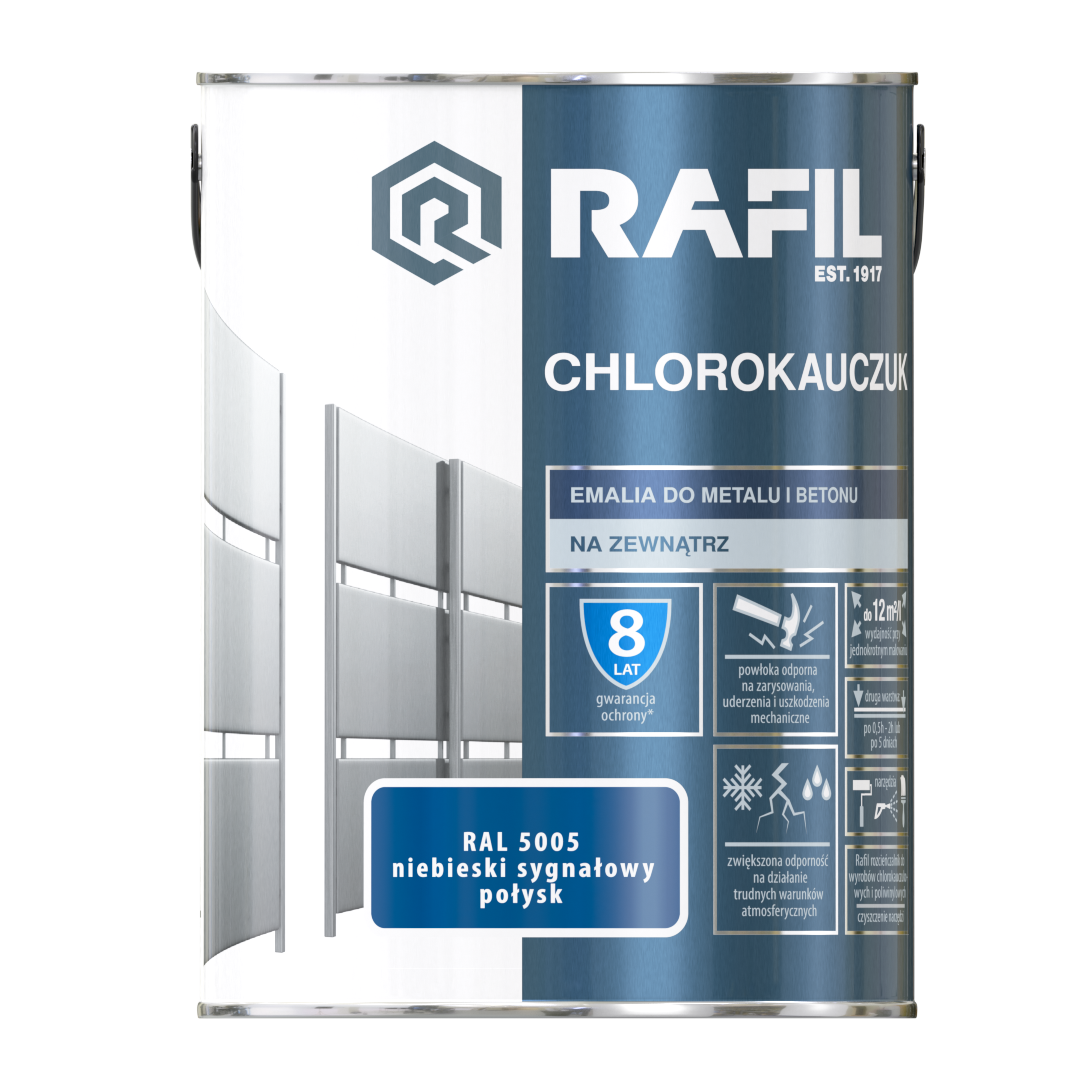 Emalia do metalu i betonu CHLOROKAUCZUK 5 l Niebieski sygnałowy RAL 5005 RAFIL