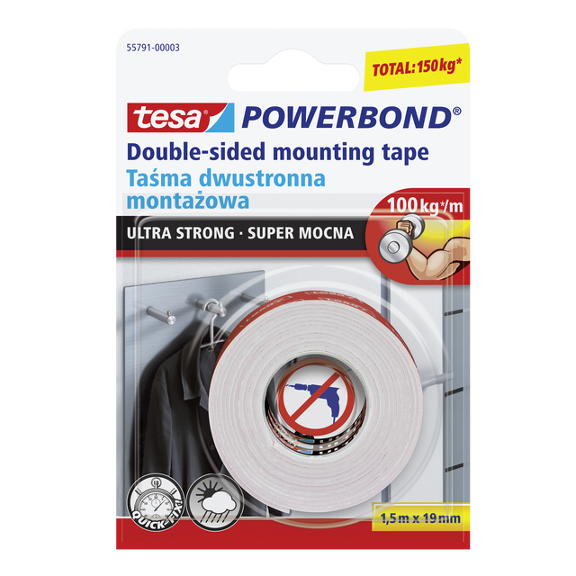 Taśma dwustronna montażowa POWERBOND 1.5 m x 19 mm super mocna TESA