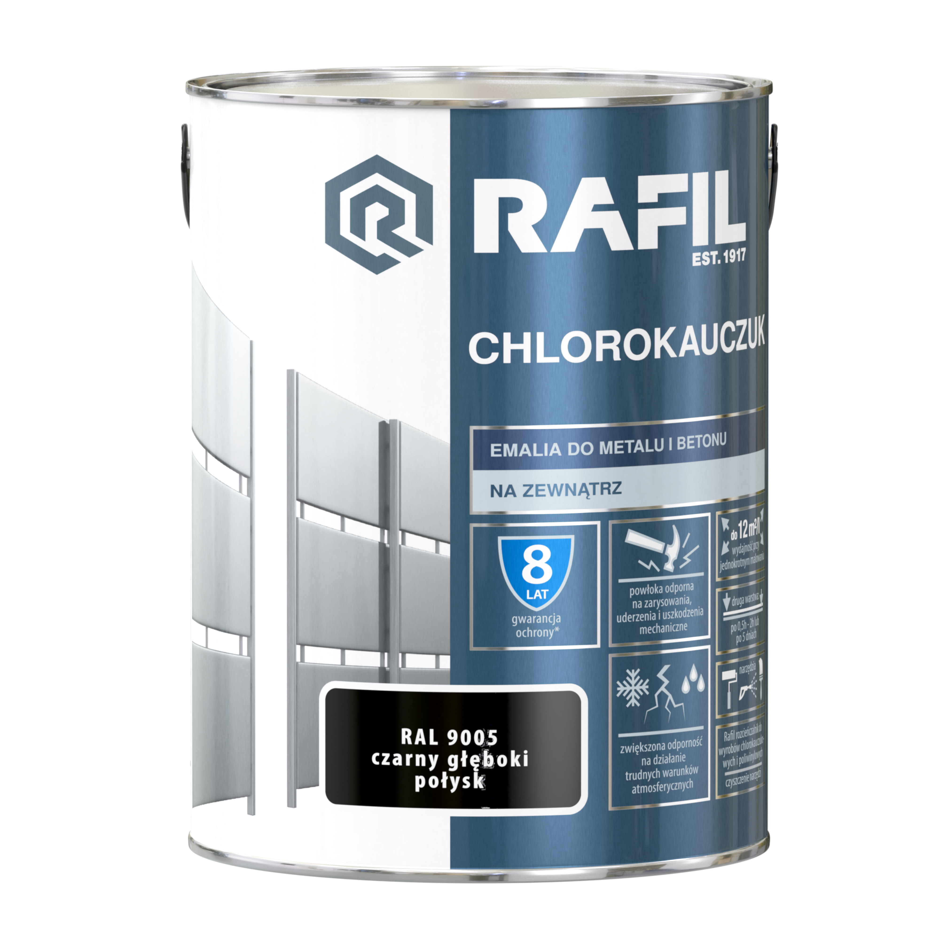 Emalia do metalu i betonu CHLOROKAUCZUK 5 l Czarny głęboki RAL 9005 RAFIL