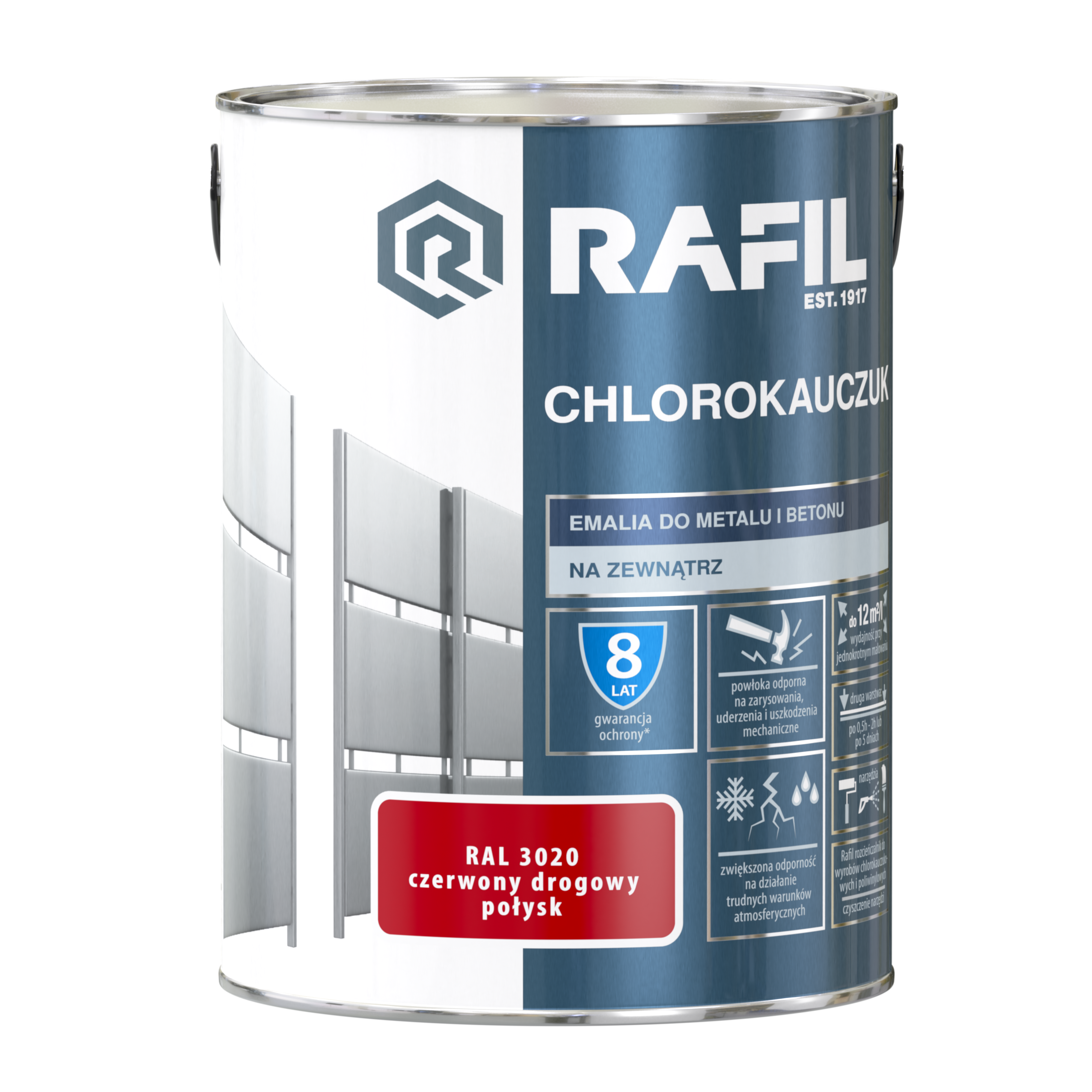 Emalia do metalu i betonu CHLOROKAUCZUK 5 l Czerwony drogowy RAL 3020 RAFIL