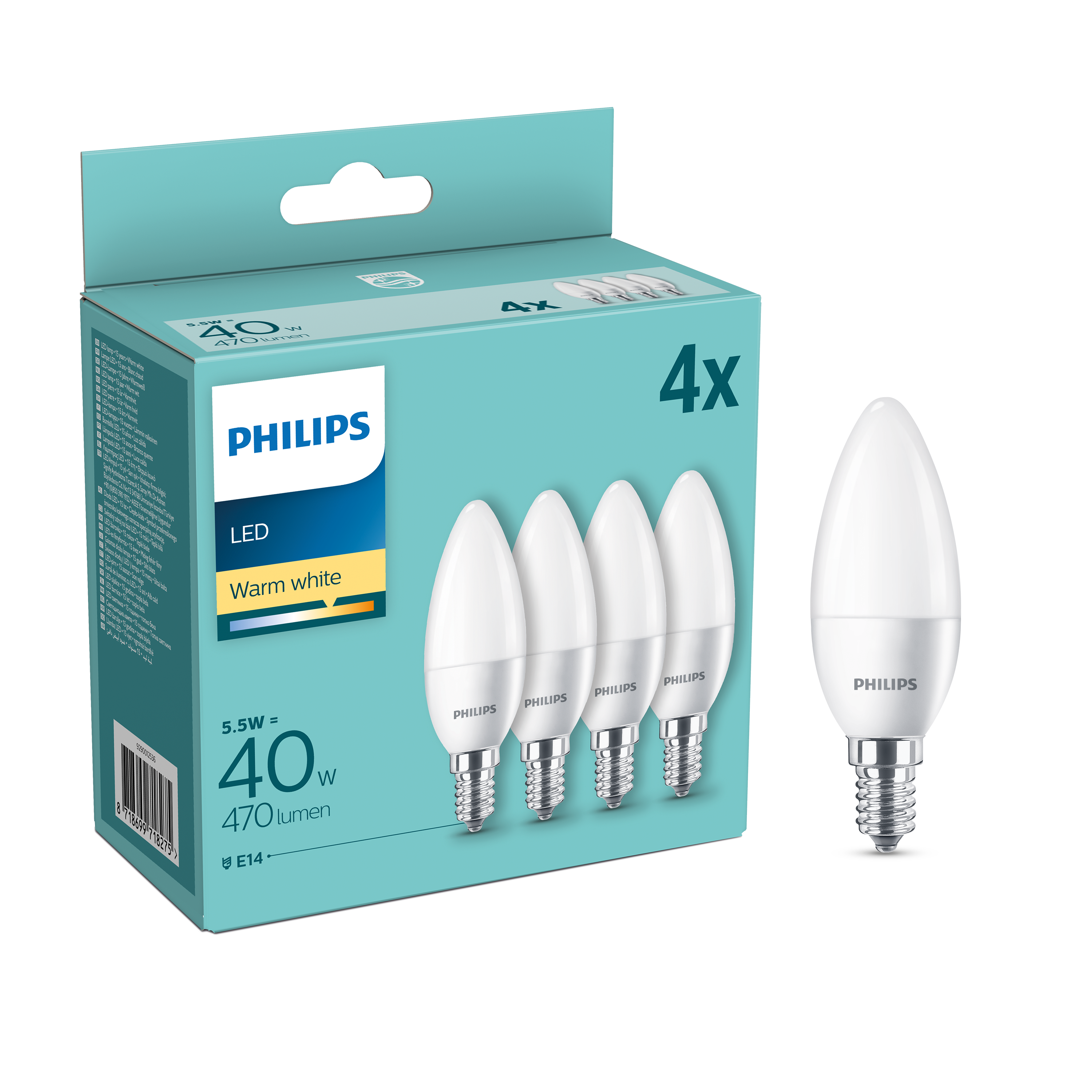 Set da 4 lampadine LED, E14 oliva, opaco, 5.5W = 470 LM (equiv 40 W) classe energetica A, 200°, PHILIPS - 5