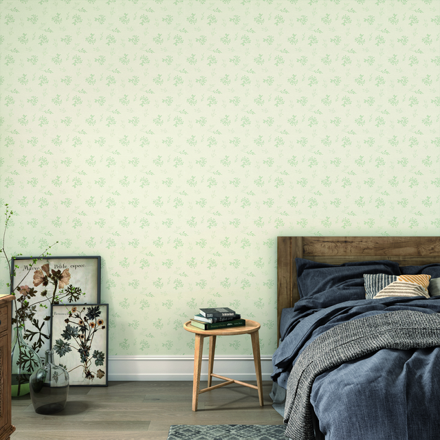 Papel pintado vinilo Naturaleza Sage5 verde INSPIRE. De 53cmx10.05m. Lavable. Apto para cocinas o baños. Método de pegado: aplicación cola en pared