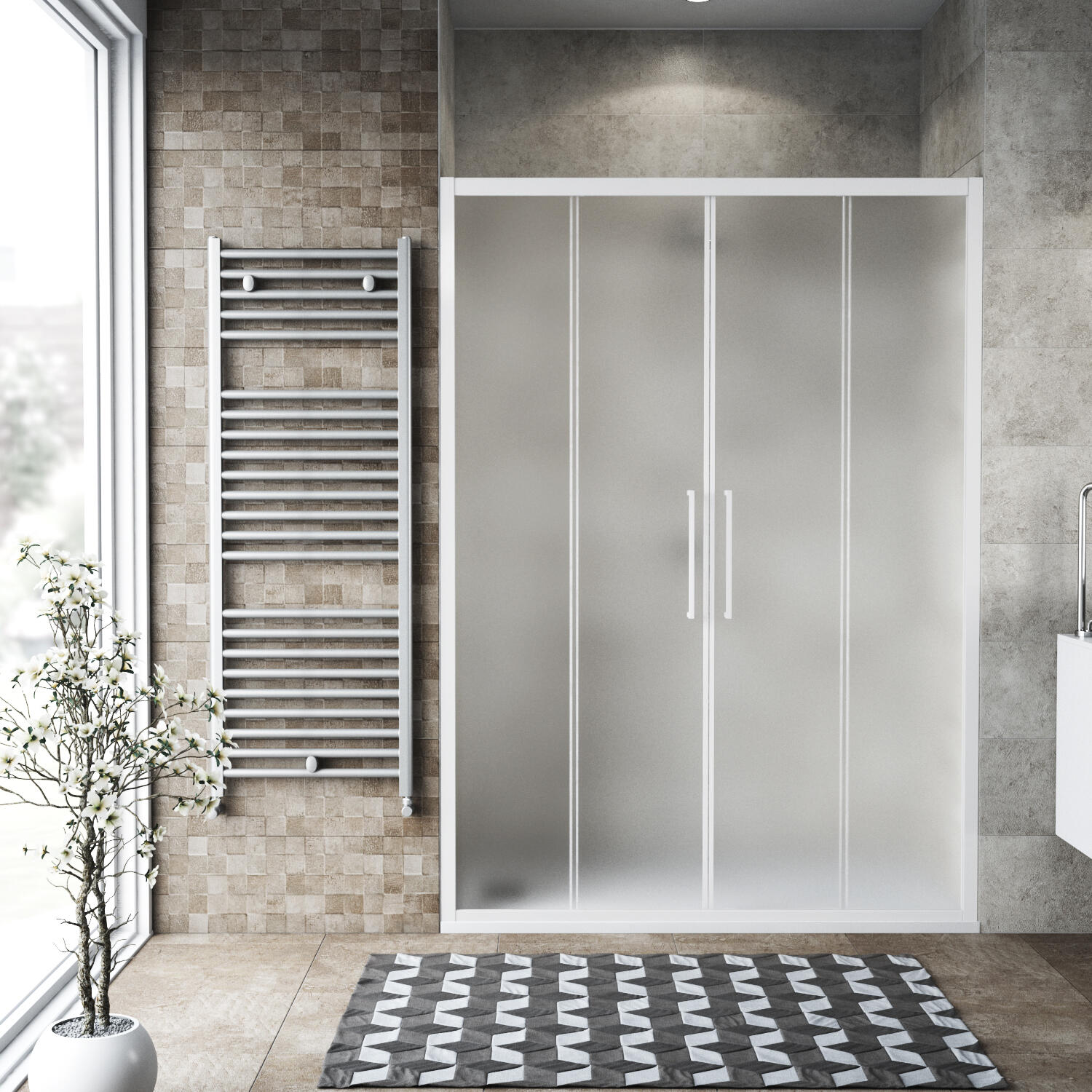 Porta doccia scorrevole L 147-151 cm x H 195 cm per nicchia in vetro smerigliato SP. 6 mm, profilo opaco bianco, serie Record - 2