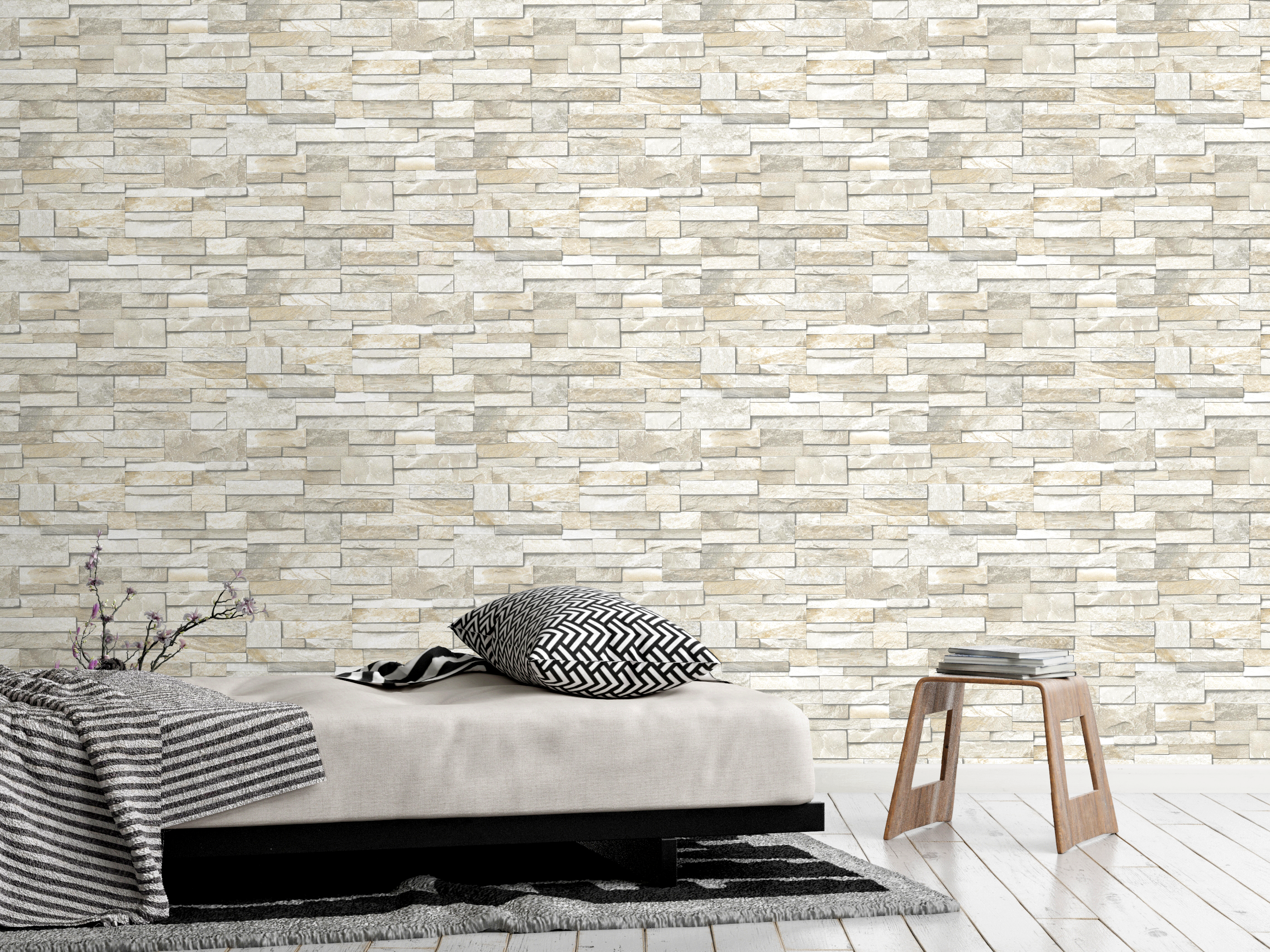 Papel pintado vinilo aplicación cola en pared imitación material piedra beige inspire 53cmx10.05m lavable