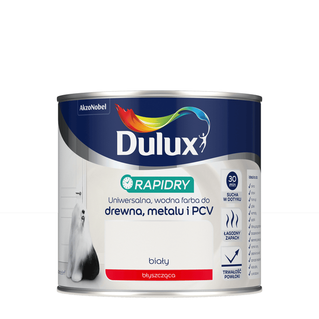 Farba wodna do drewna, metalu i PCV RAPIDRY 0.4 l Biały błyszczący DULUX