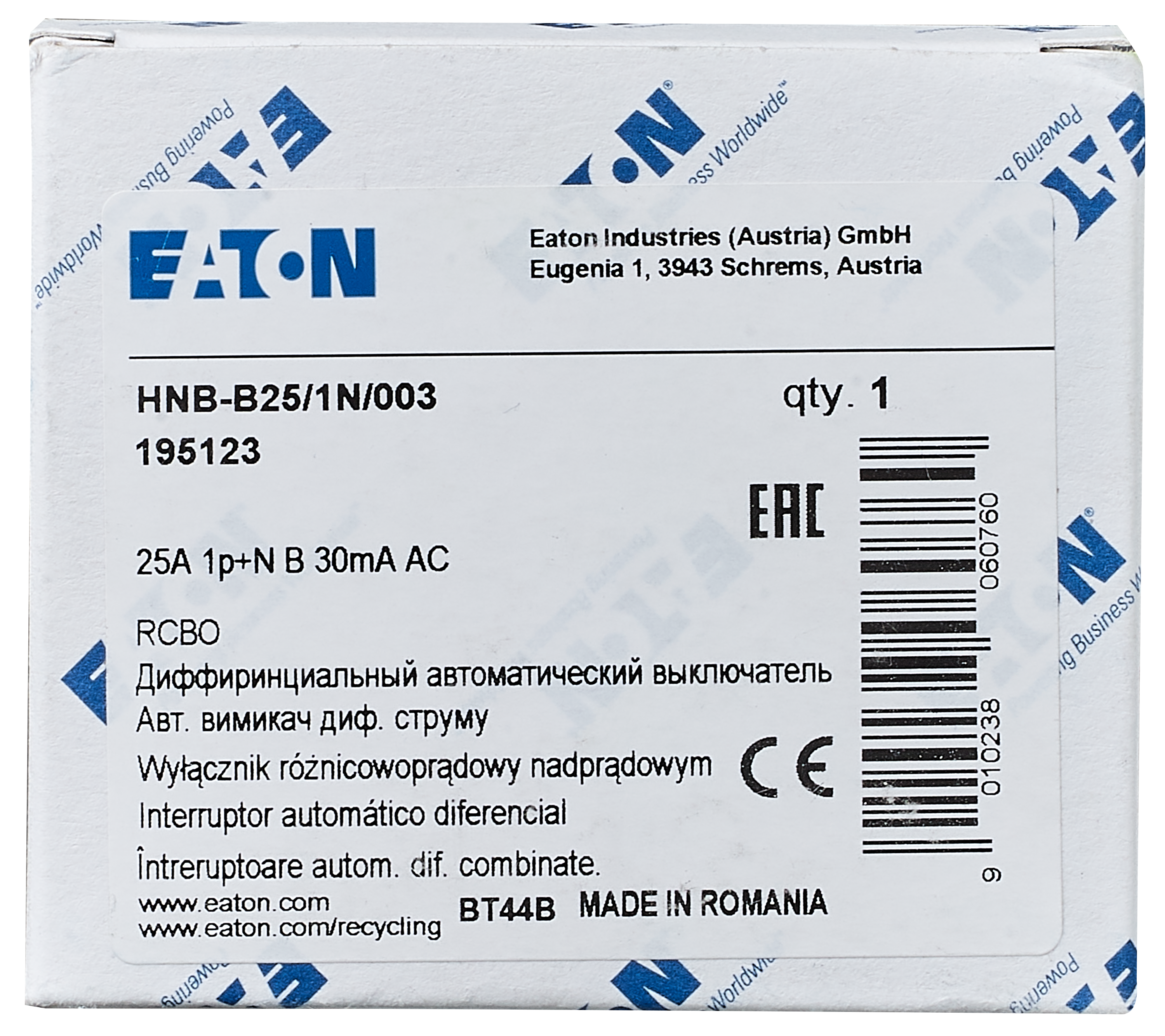Wyłącznik różnicowy HNB-25A/1N/B/0.03 EATON