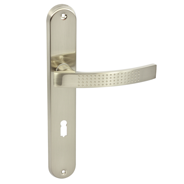 Klamka do drzwi wewnętrznych z długim szyldem pod klucz Alma Nikiel Domino