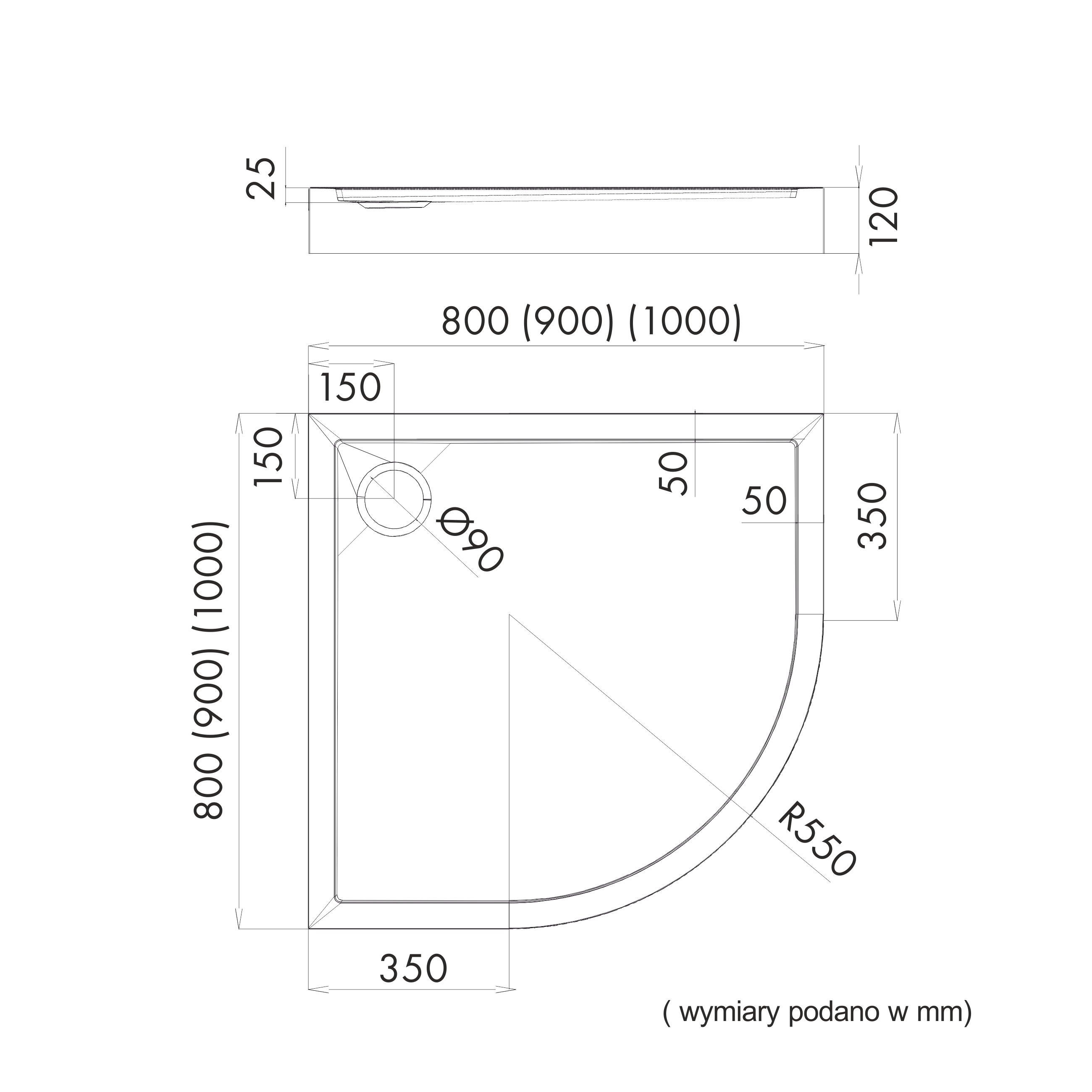 Brodzik do kabiny prysznicowej 1/4 koła Frigo 90x90x12 cm biały gładki Sensea - 5