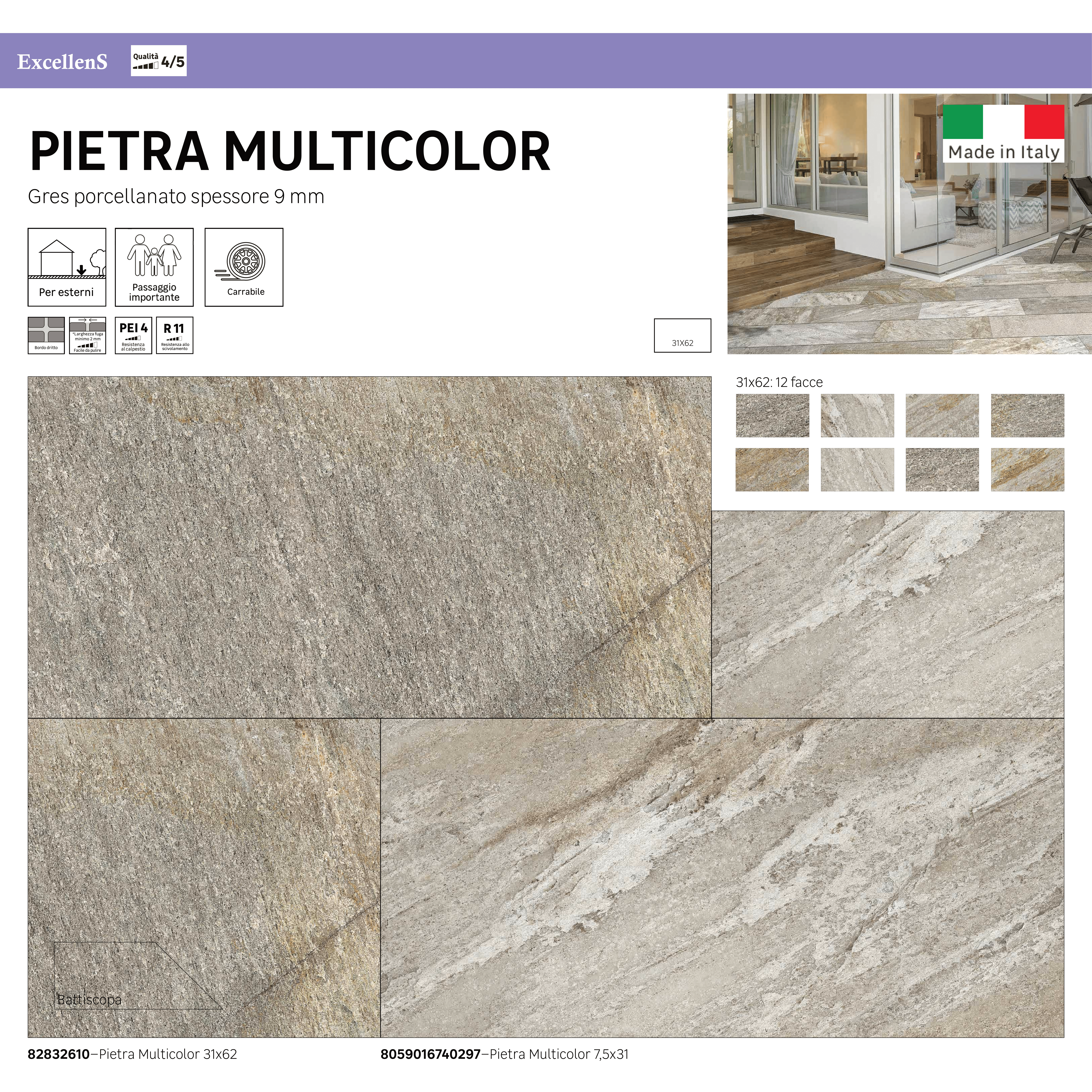 Piastrella da pavimento e rivestimento esterno 31 x 62 cm Sp. 9 mm Pietra in gres porcellanato multicolore grigio opaco traffico intenso (pei 4/5) R11 1.35 mq - 9