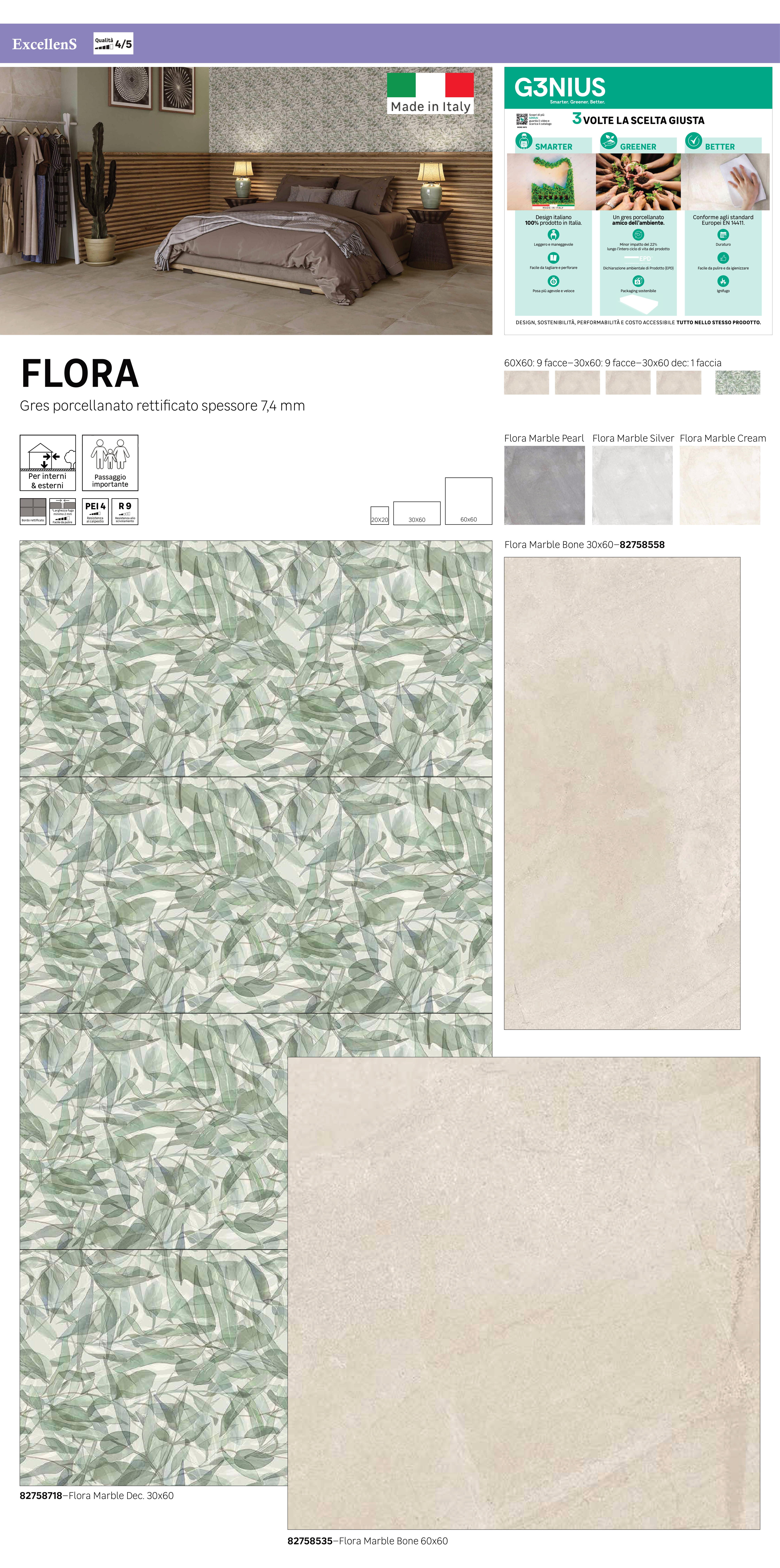 Piastrella da pavimento e rivestimento interno 30 x 60 cm Sp. 7.4 mm rettificato Flora Marble Decoro in gres porcellanato smaltato multicolore opaco traffico intenso (pei 4/5) R9 1.44 mq - 5