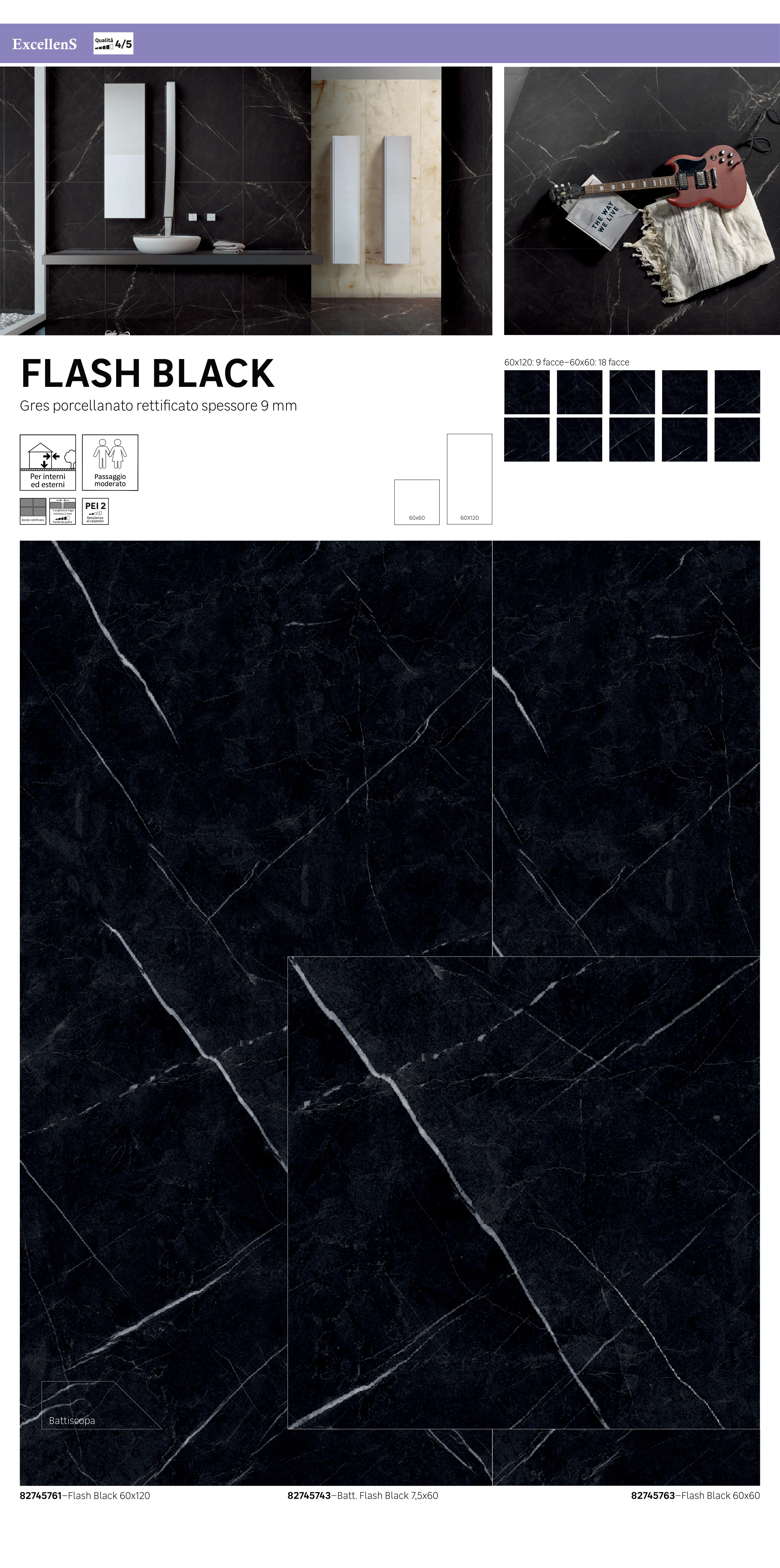 Piastrella da pavimento e rivestimento interno in gres porcellanato 60 x 120 cm rettificato nero lucido Flash traffico leggero (pei 1/5) Sp. 9 mm 1.44 mq - 5