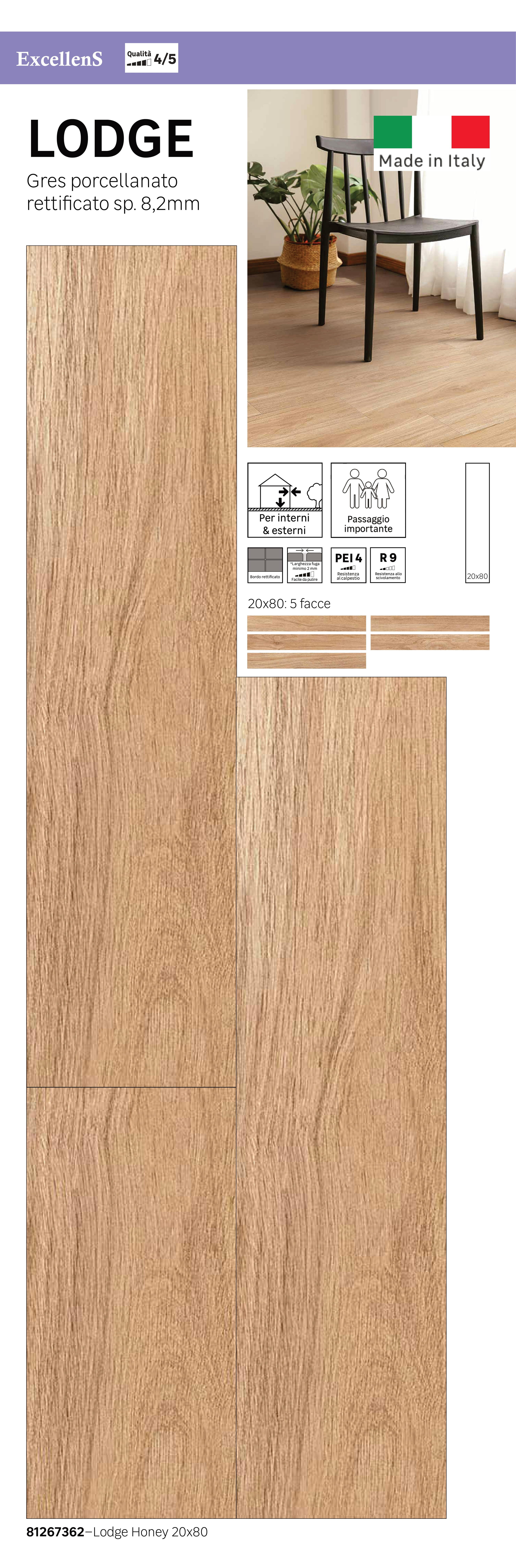 Piastrella da pavimento e rivestimento interno in gres porcellanato 20 x 80 cm rettificato smaltato miele opaco Lodge R9 traffico intenso (pei 4/5) Sp. 8.2 mm 1.28 mq - 9