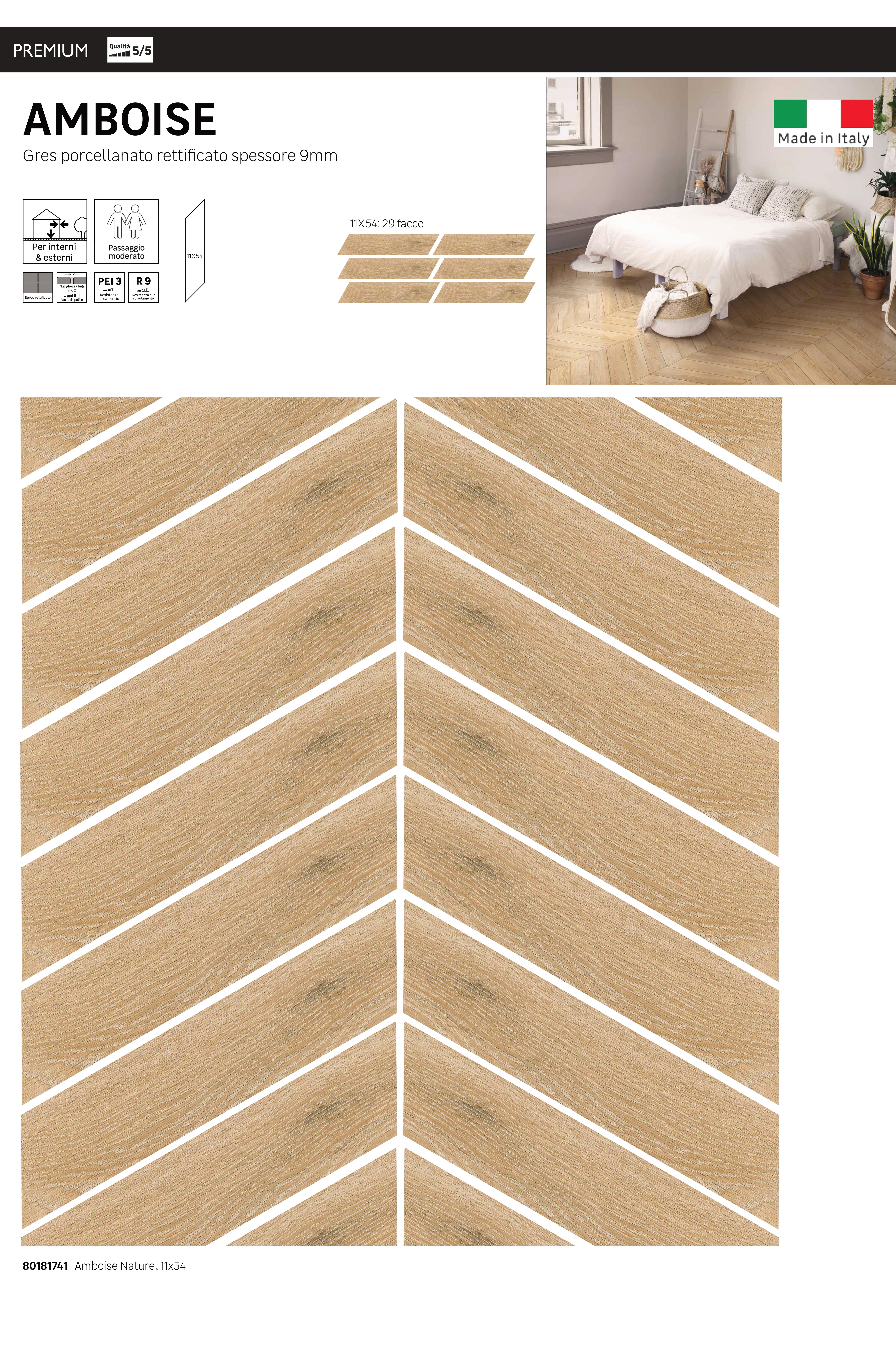 Piastrella da pavimento e rivestimento interno 11 x 54 cm Sp. 9 mm Amboise in gres porcellanato beige naturale satinato traffico medio forte (pei 3/5) R9 0.94 mq - 20