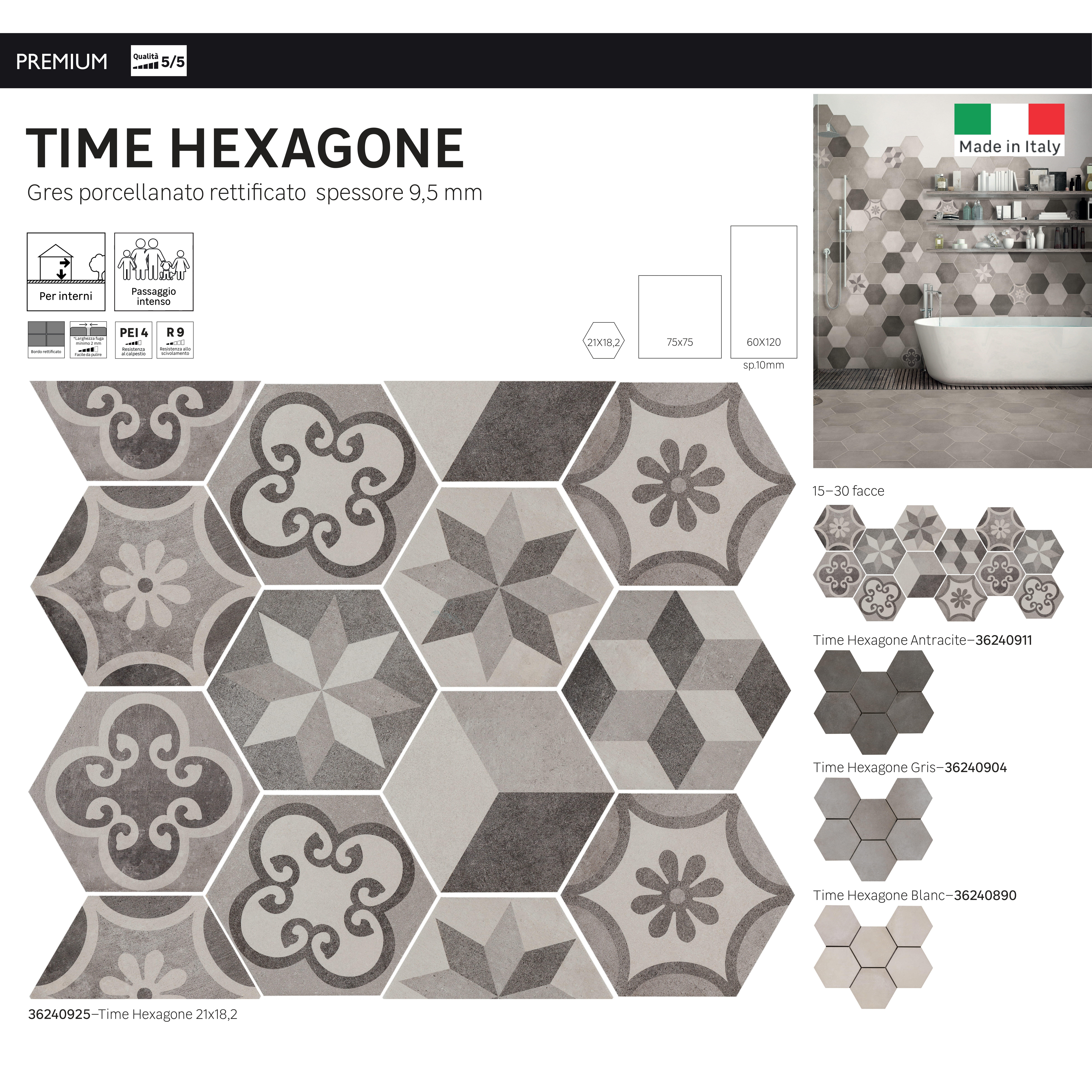 Piastrella da pavimento e rivestimento interno in gres porcellanato 18.2 x 21 cm non rettificato smaltato multicolore opaco Time Hexagone R9 traffico intenso (pei 4/5) Sp. 9.5 mm 0.46 mq - 16