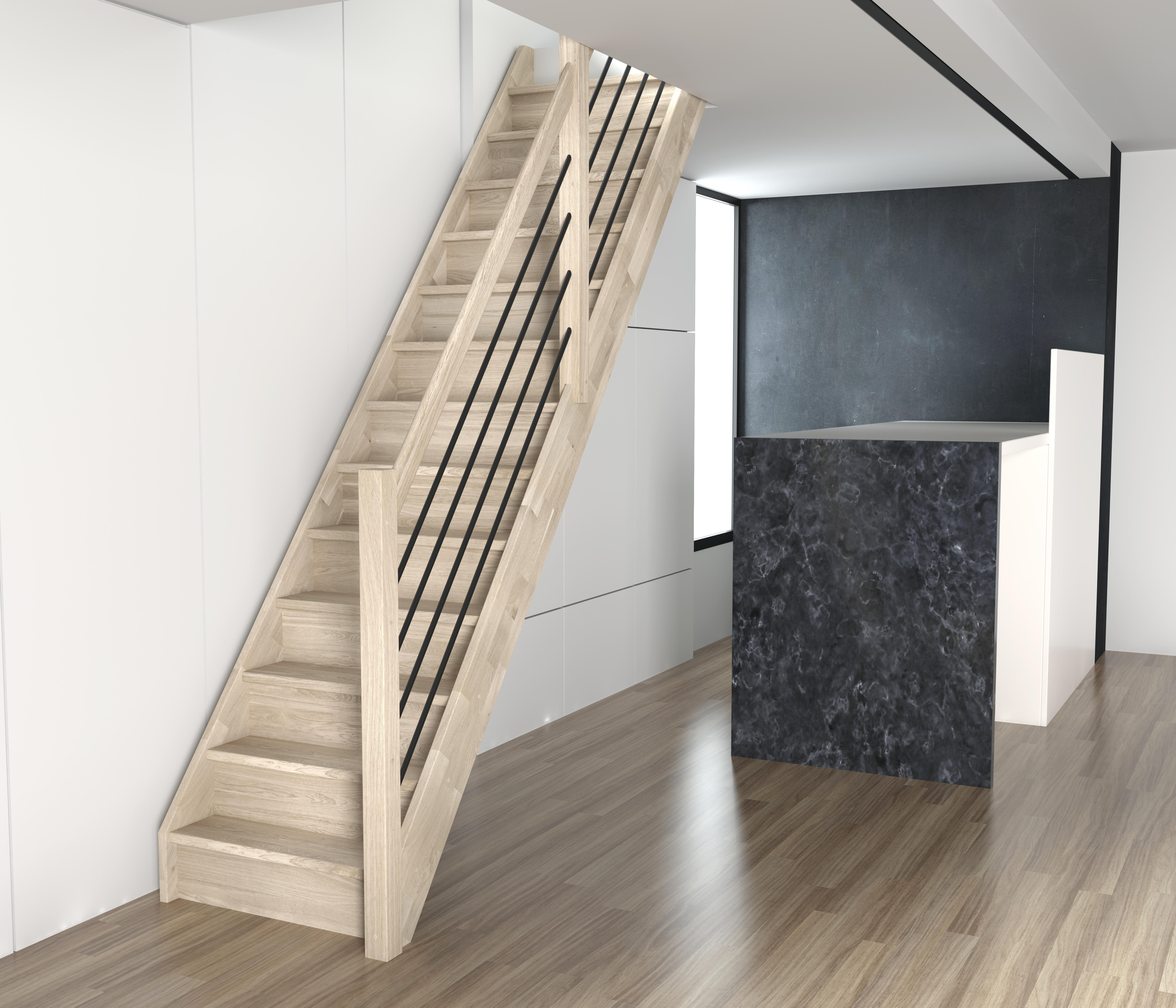 Escalera recta trendy uso interior de roble con barandilla aluminio negra