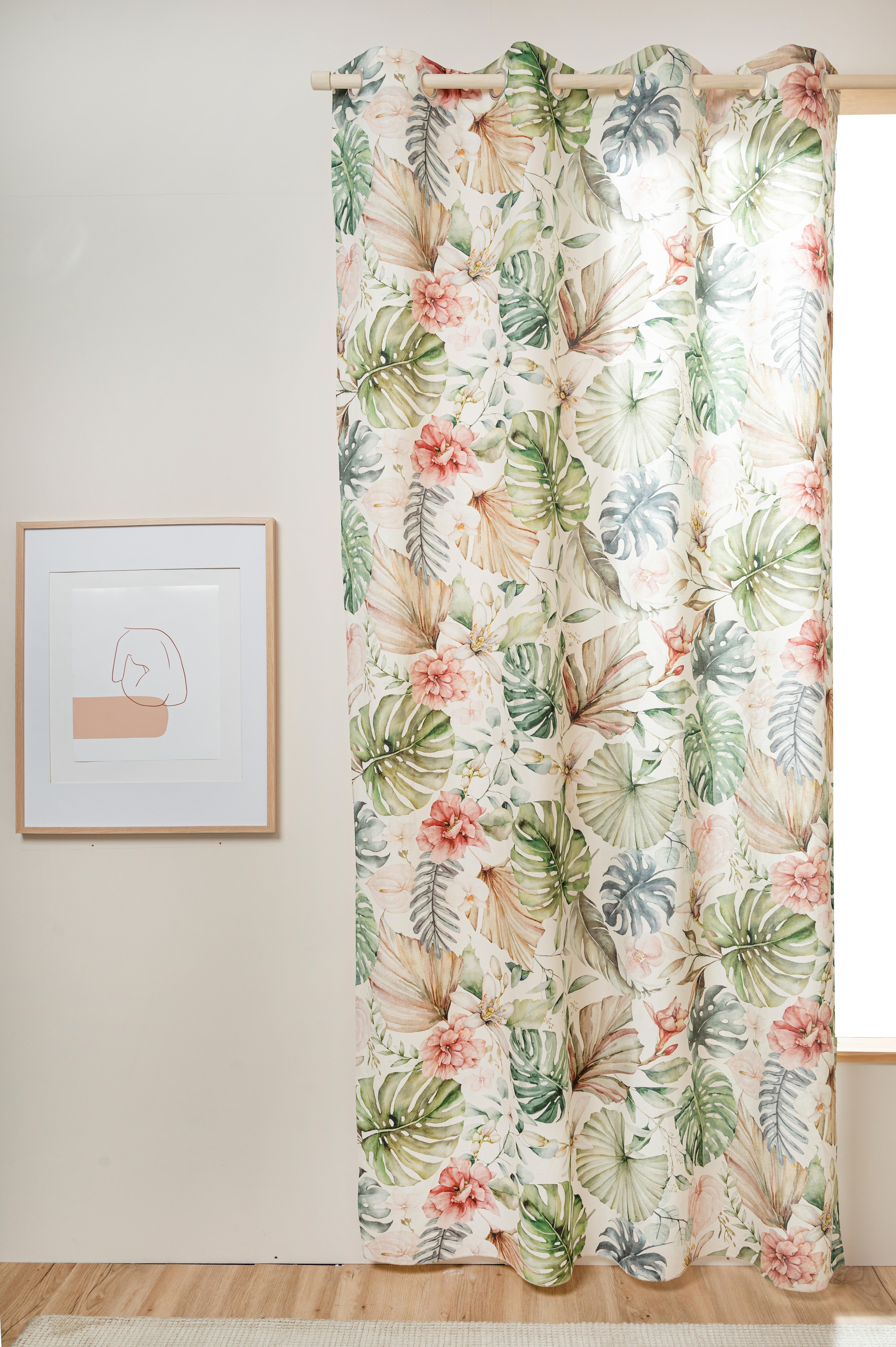 Cortina ollaos Nuanea algodón de 140x170cm flor verdes, rosados, ocres, fondo crema. Incluye cinta termoadhesiva - 14