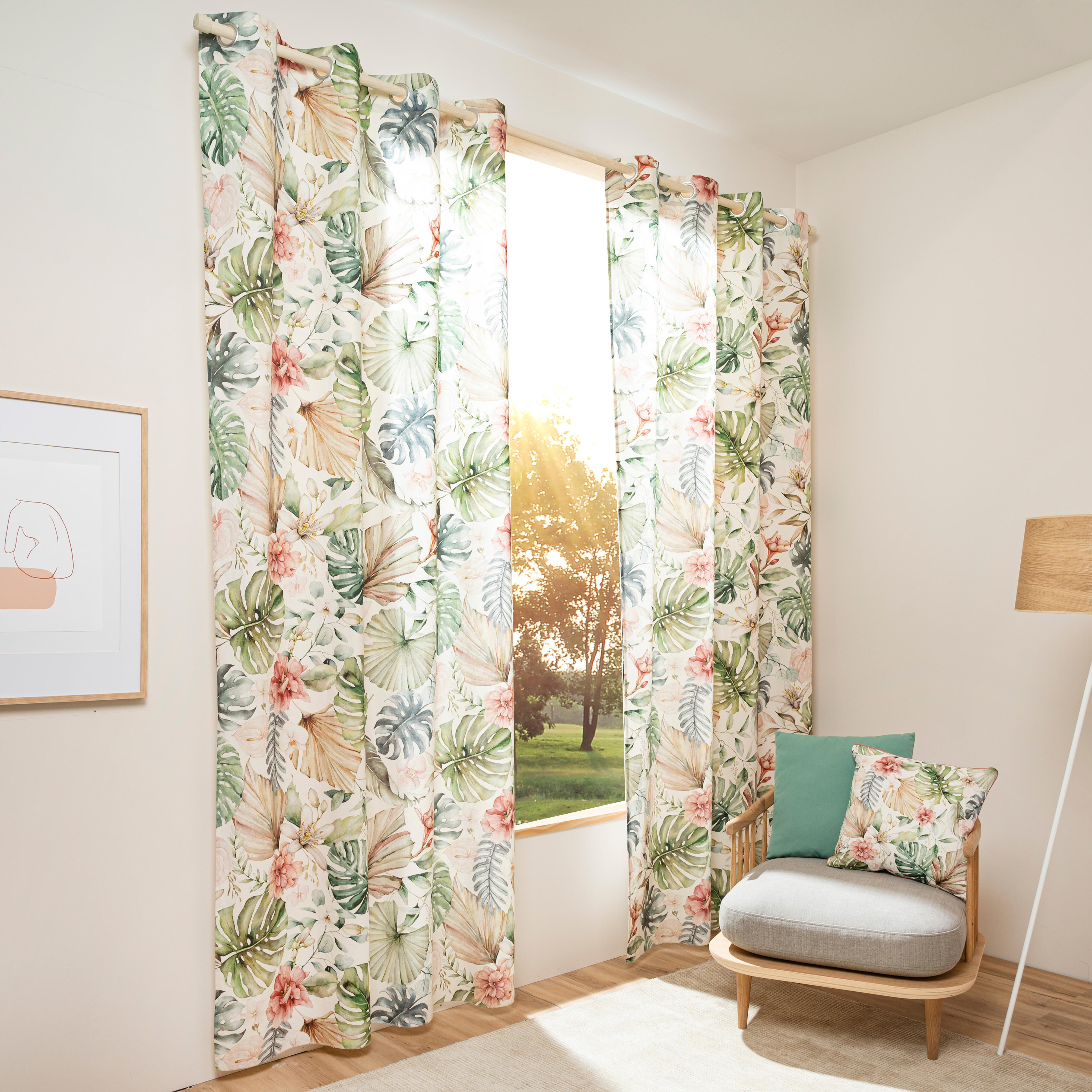 Cortina ollaos Nuanea algodón de 140x170cm flor verdes, rosados, ocres, fondo crema. Incluye cinta termoadhesiva - 13