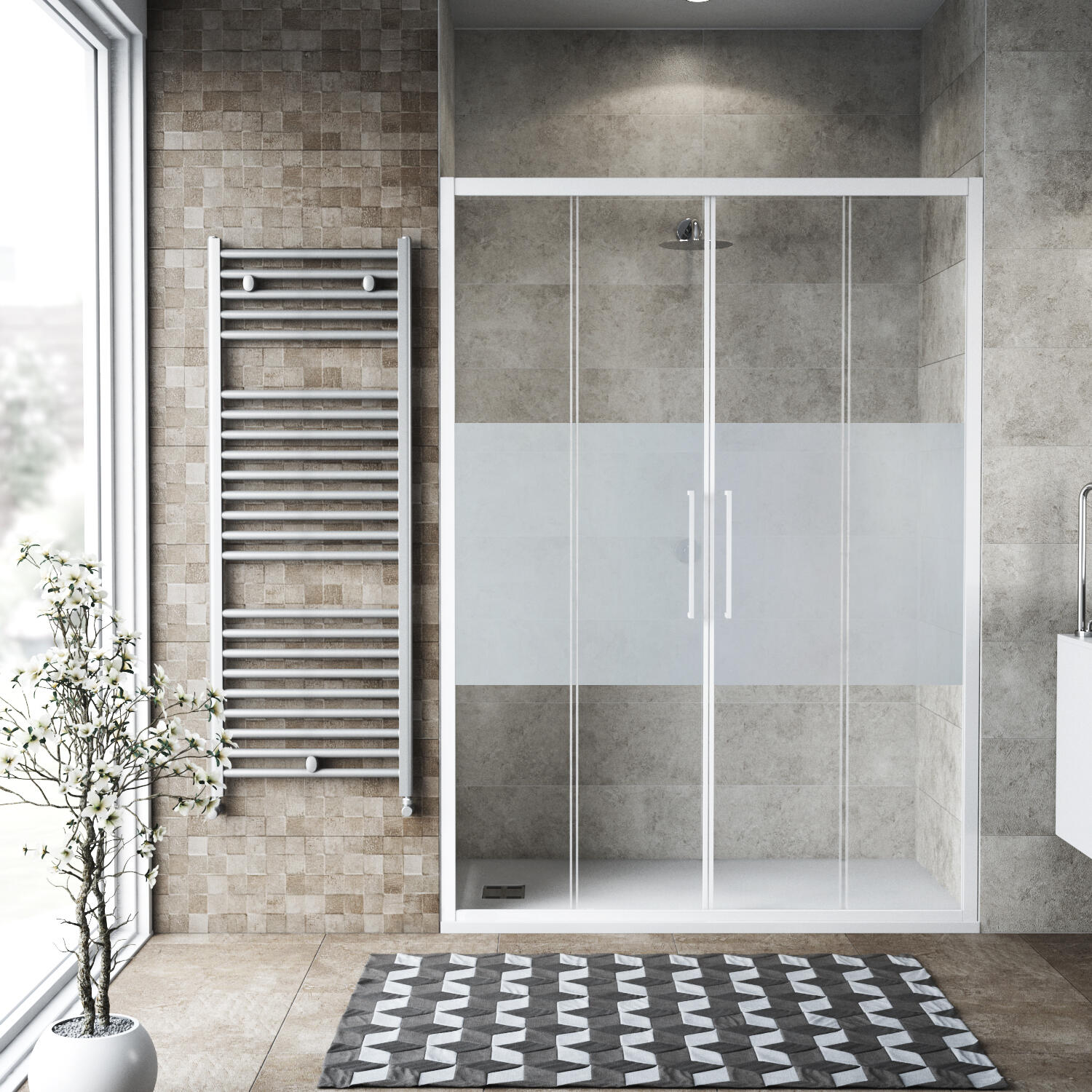 Porta doccia scorrevole L 172-176 cm x H 195 cm per nicchia in vetro smerigliato SP. 6 mm, profilo opaco bianco, serie Record - 2