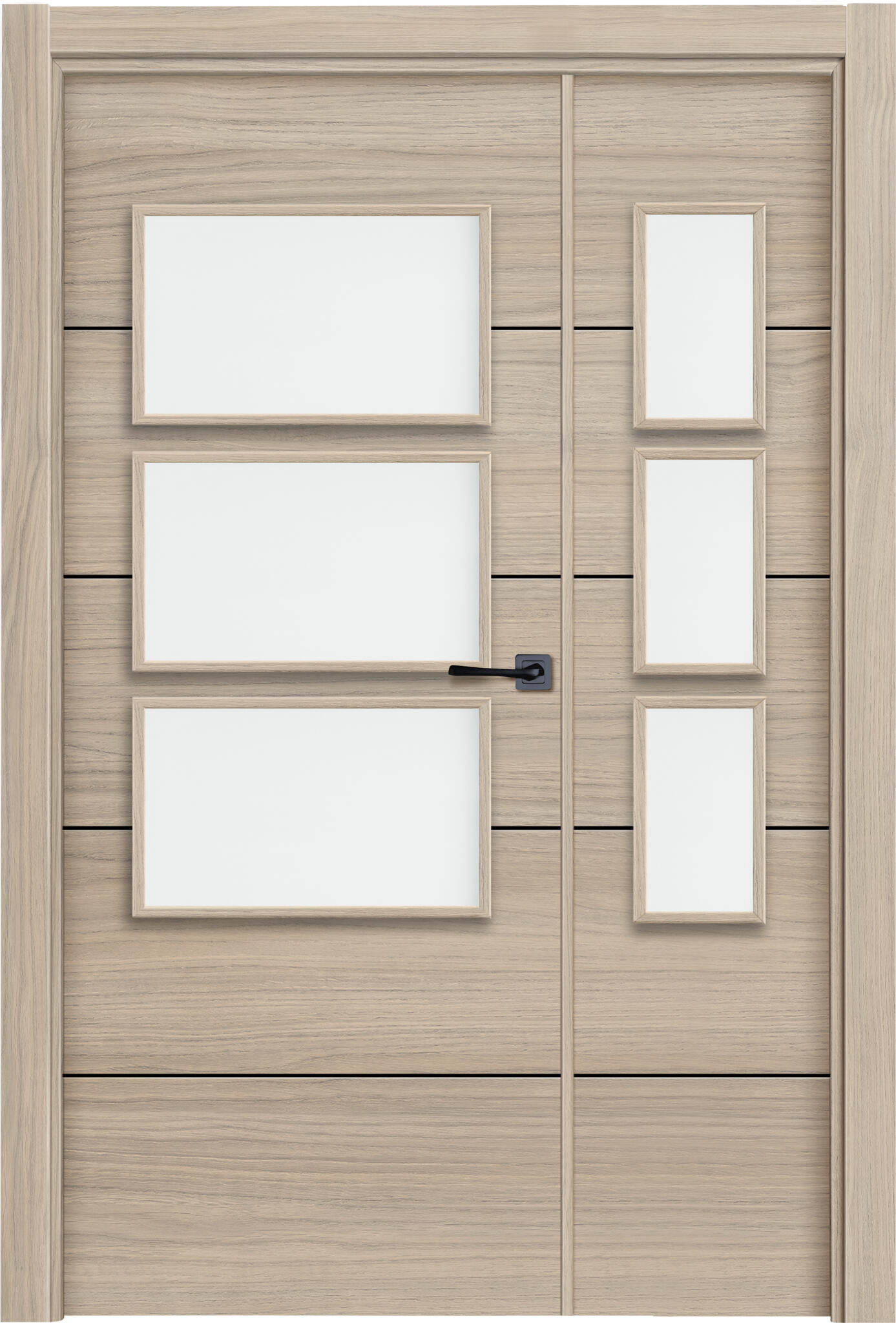 Puerta de interior abatible doble vidriera con fijo con cristal incluido estructura maciza acabado laminado serie line berna loft roble apertura izquierda cerco de 70 x 30 anchura 105 cm