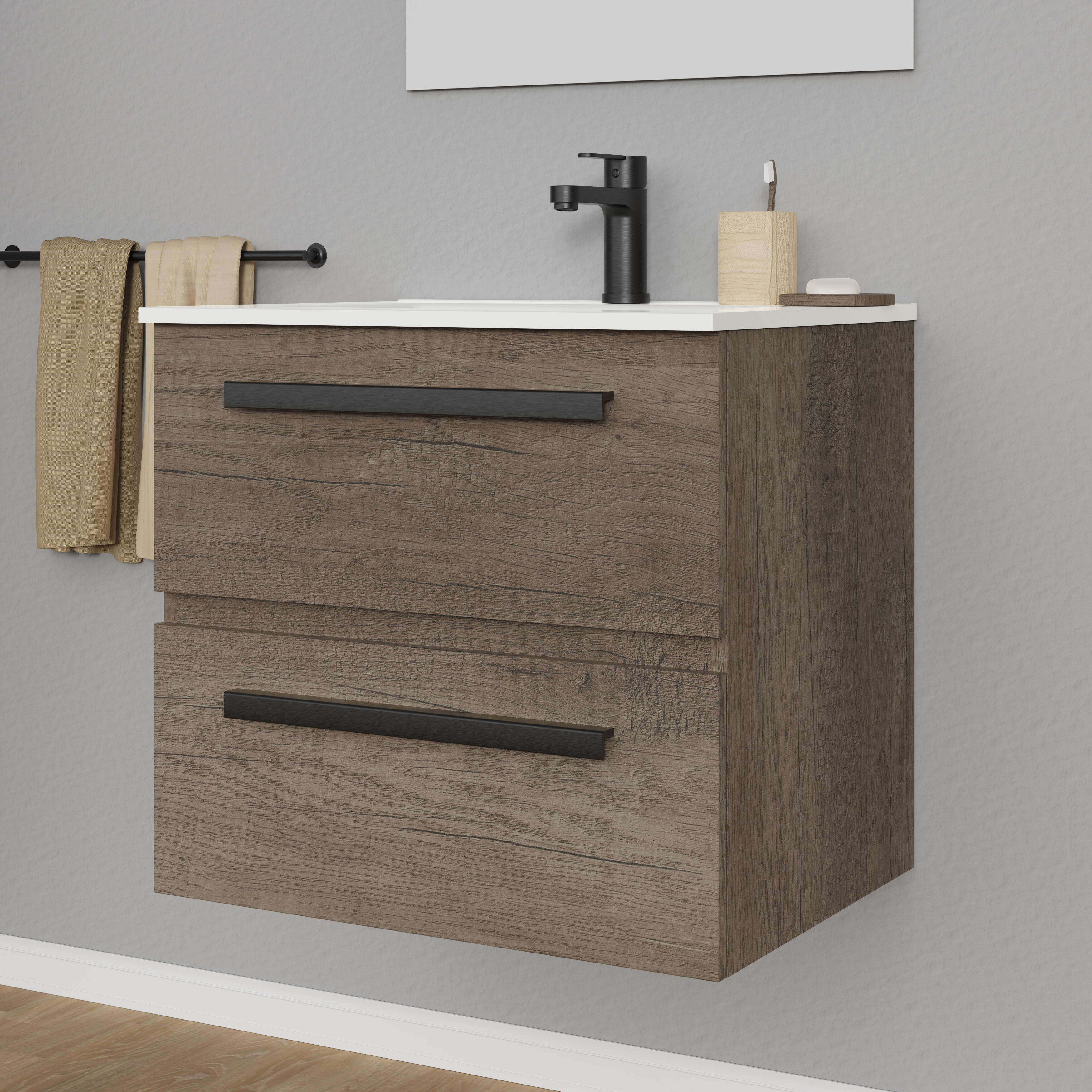 Mueble de baño con lavabo y espejo davi castaño satinado 70x40 cm
