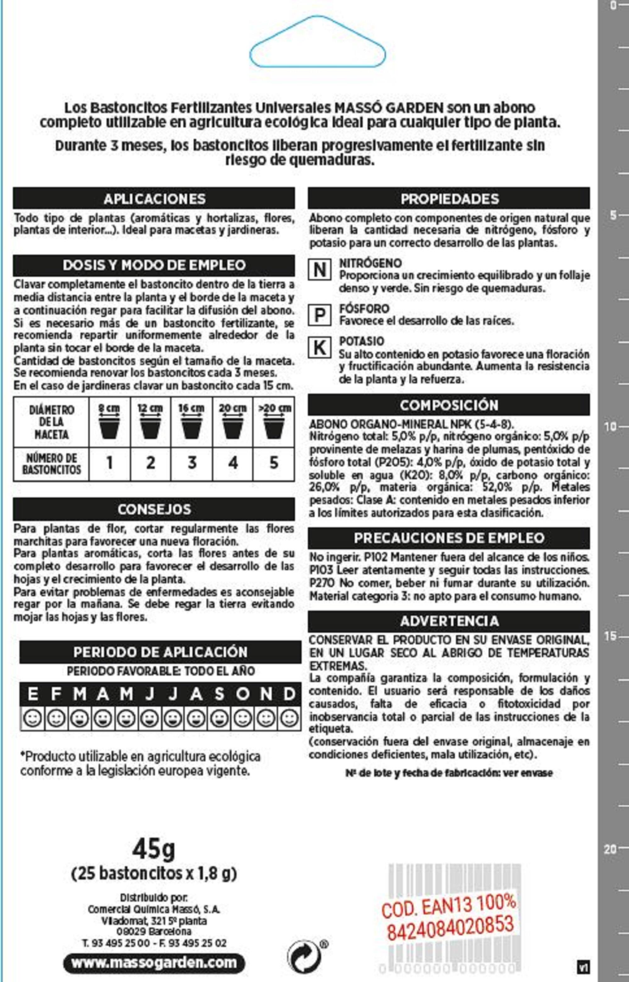 Varitas fertilizantes ecológicas MASSÓ universal 25 unidades 1,8 gr cada una - 3