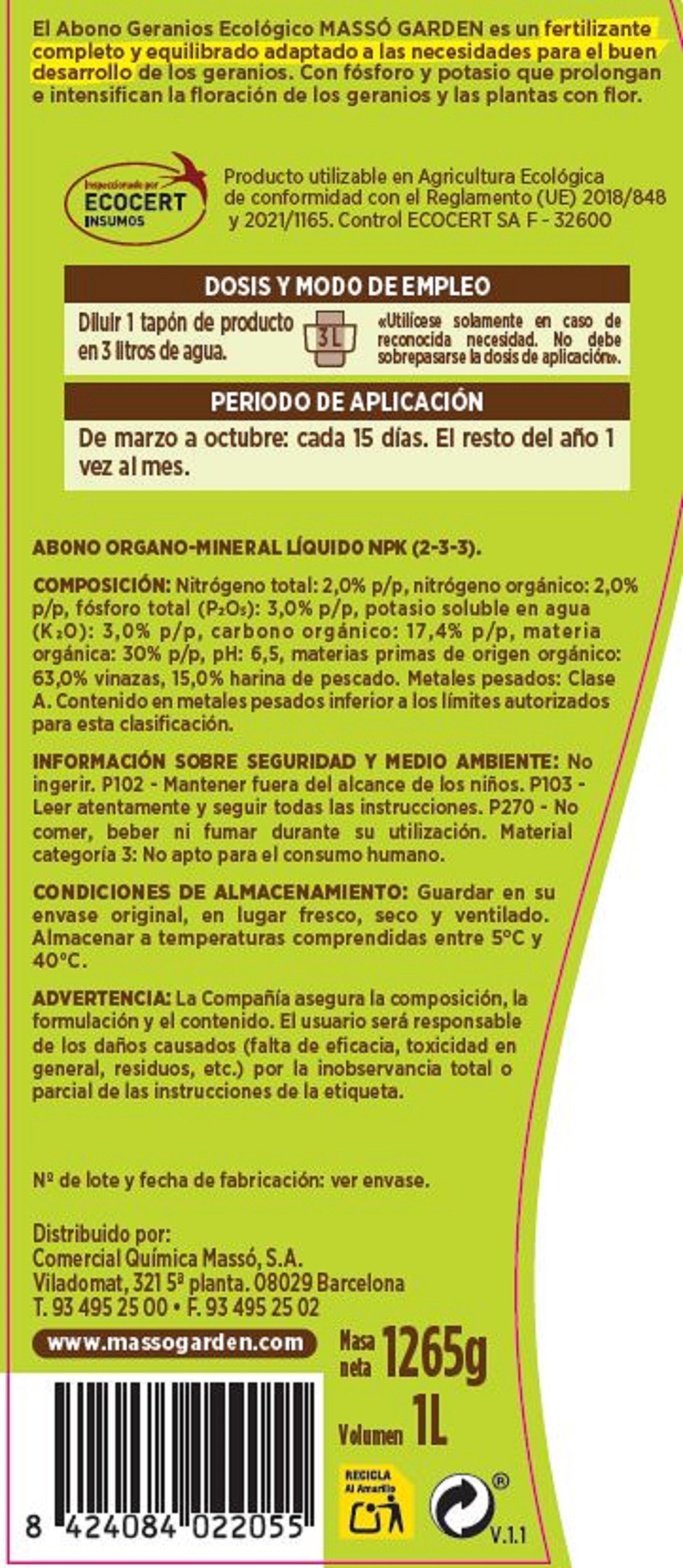 Abono para diluir MASSÓ para geranios 1L uso ecológico - 2