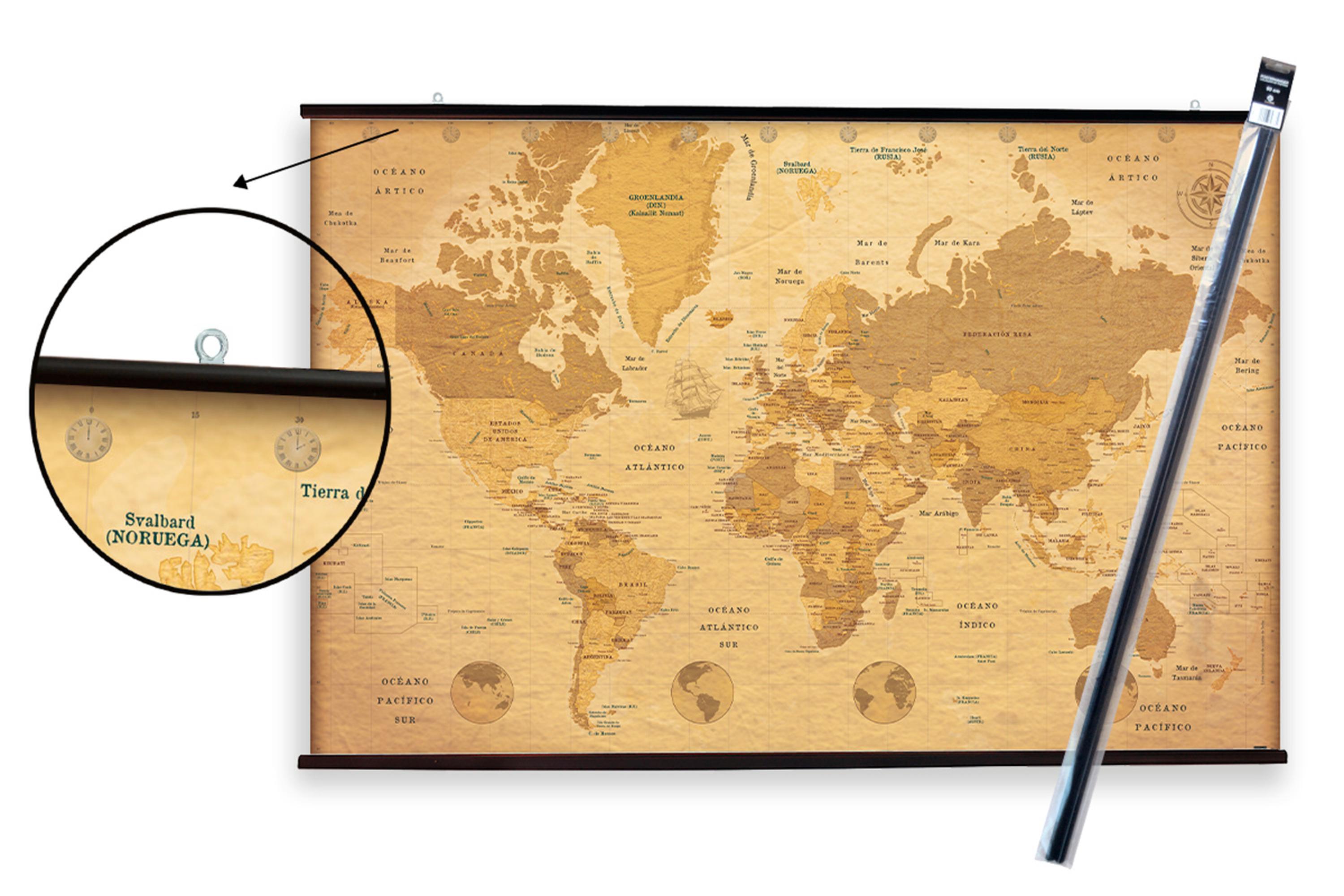 Póster con colgador Objetos rectangular de 61 x 91.5 cm. Papel Mapa Mundo Vintage multicolor - 3