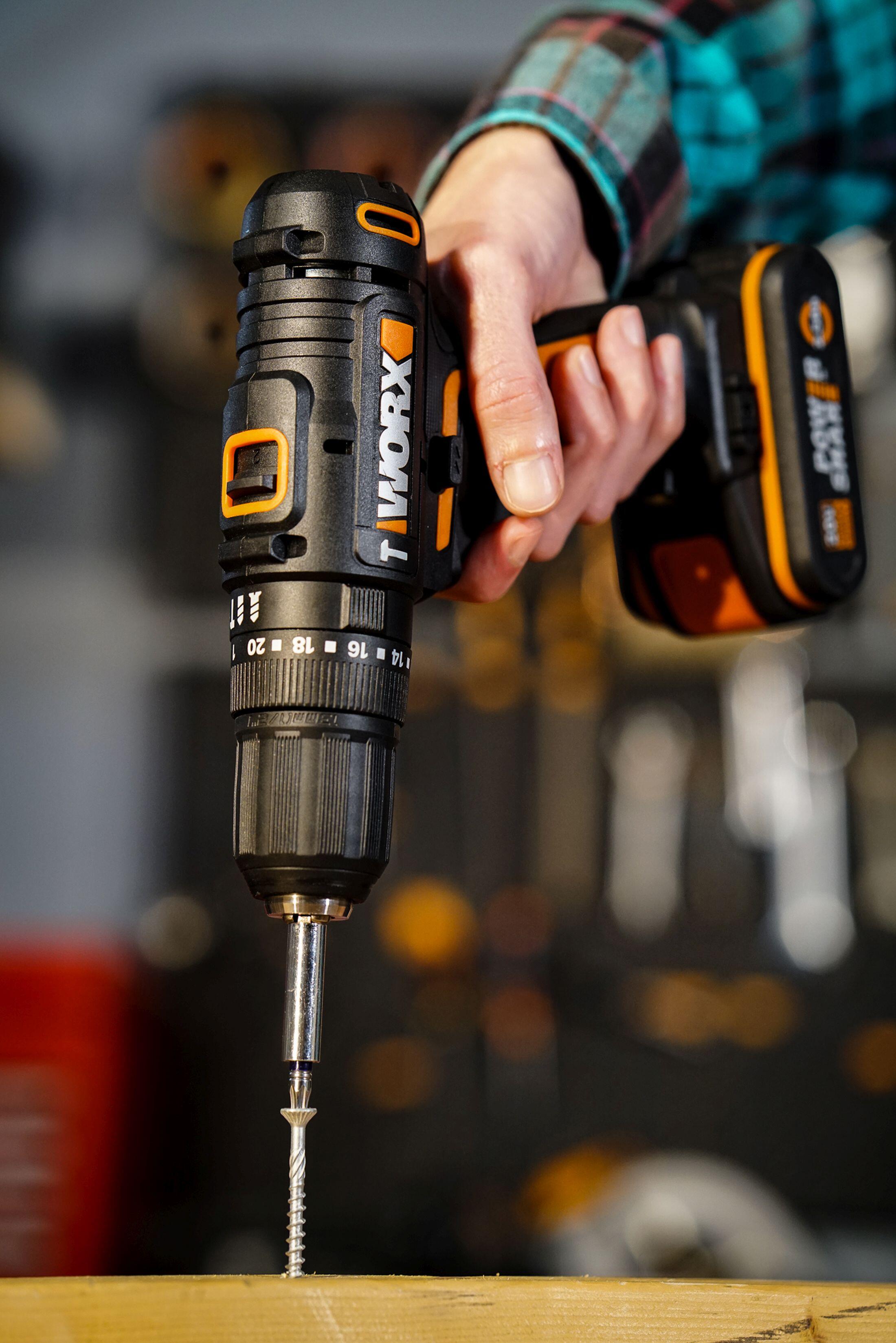 Taladro percutor a batería WORX 20V - 2 baterias :2 baterías de 20V y 2,0Ah - cargador de batería rápido de 1 hora, 1 estuche enrollable con 30 brocas y puntas, 1 maletín de transporte - POWERSHARE - 24