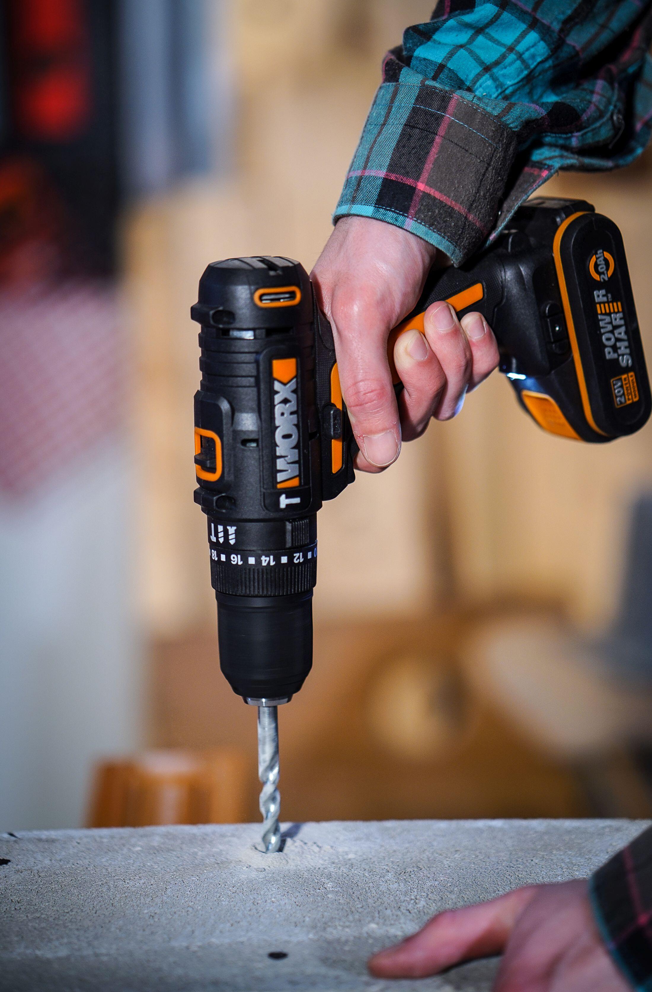 Taladro percutor a batería WORX 20V - 2 baterias :2 baterías de 20V y 2,0Ah - cargador de batería rápido de 1 hora, 1 estuche enrollable con 30 brocas y puntas, 1 maletín de transporte - POWERSHARE - 21