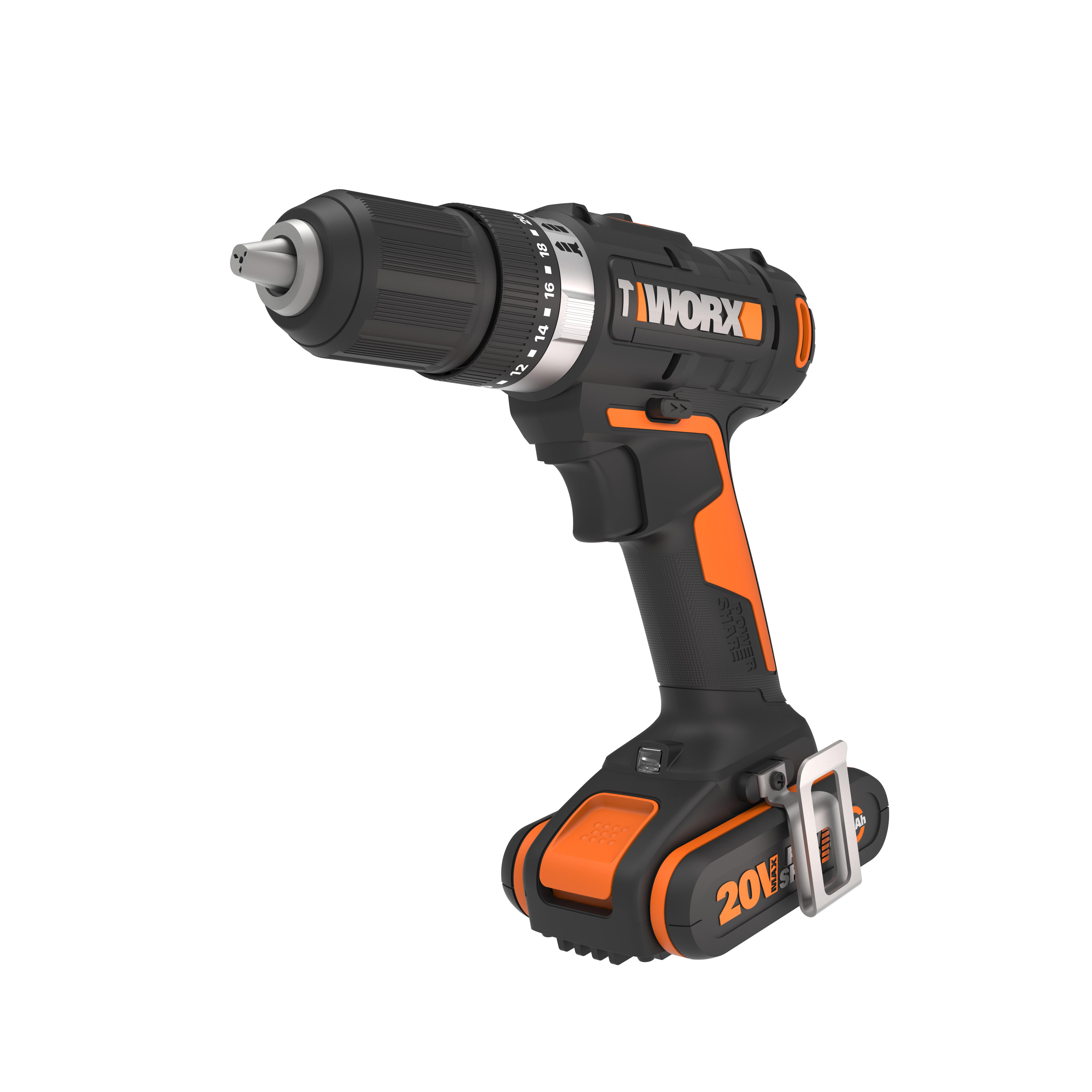 Taladro percutor a batería WORX 20V - 2 baterias :2 baterías de 20V y 2,0Ah - cargador de batería rápido de 1 hora, 1 estuche enrollable con 30 brocas y puntas, 1 maletín de transporte - POWERSHARE - 13